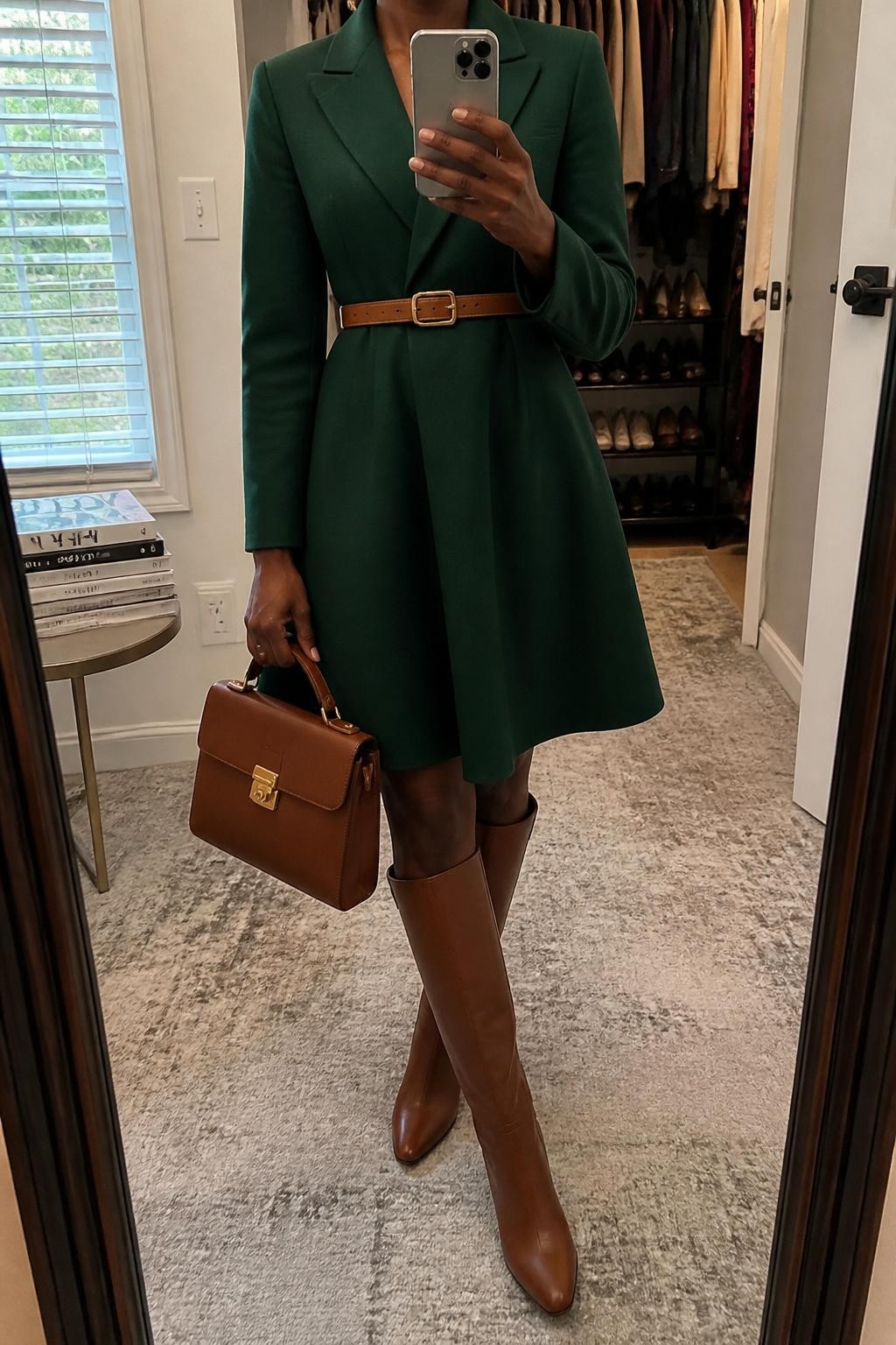 mirror selfie of a Black woman wearing the exact outfit described above, clearly showing chestnut brown tall leather boots, a forest green coat dress with long sleeves, a tan waist belt, a brown structured satchel, and gold stud earrings, holding a phone in front of a mirror, cropped at NECK so the face does not show, with a relaxed casual selfie pose, in a walk-in closet mirror, natural window light, with an open closet with clothes visible and a stack of fashion magazines on a side table, latest iPhone photo quality.
