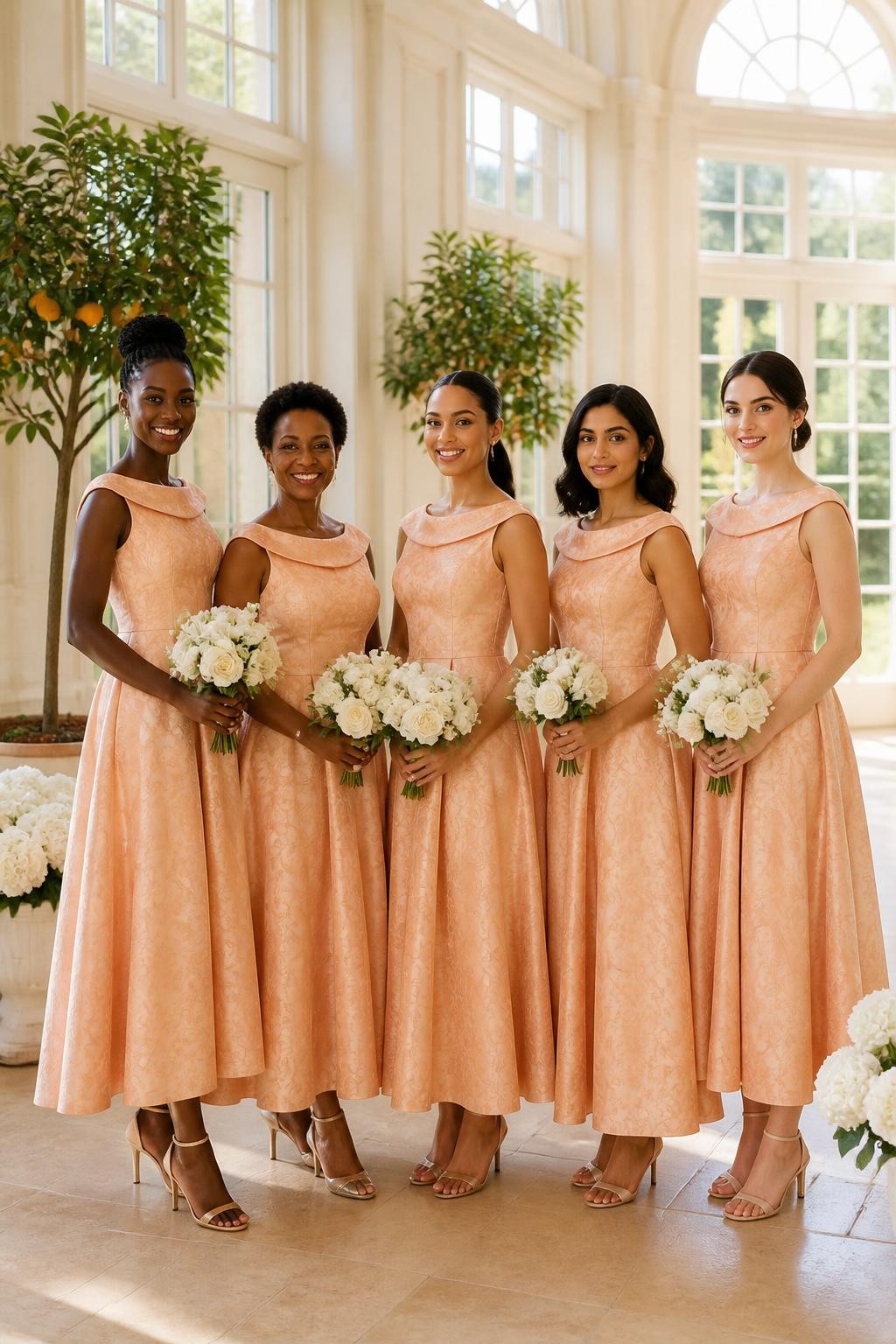 Realistic formal daytime wedding portrait of five bridesmaids wearing tonal peach jacquard gowns with woven blossoms, curling vines, and abstract petals, fitted bodices with sculpted folded portrait necklines, softly pointed waists, and full ankle-length skirts, women with deep cool brown, rich warm brown, caramel, South Asian olive, and pale neutral complexions, naturally varied ages, heights, and body shapes, bright poised faces with distinct features and realistic makeup, hairstyles including a high braided bun, cropped coils, glossy ponytail, shoulder-length waves, and classic chignon, standing inside a bright orangery with tall windows, potted citrus trees, ivory flowers, and pale limestone flooring, angled sunlight revealing the woven pattern without excessive shine, authentic fabric stiffness, deep skirt folds, and elegant heels visible.