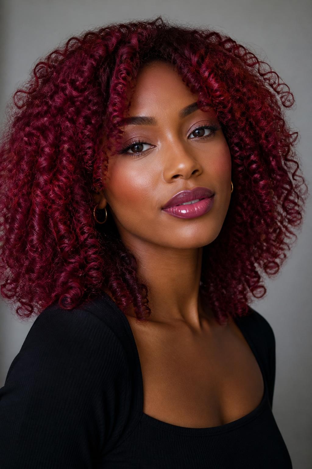 Image Prompt: A beautiful woman with shoulder-length natural curls dyed deep raspberry, rich berry-red hair color with soft pink undertones, defined spiral curls with healthy volume and shine, warm medium-deep skin tone, softly shaped brows, glossy berry lips, subtle bronzed makeup, small gold hoop earrings, fitted black top, clean neutral studio background, soft diffused lighting, close-up beauty editorial portrait, realistic DSLR photo, crisp curl texture, detailed raspberry color, no text, (no watermarks on images)