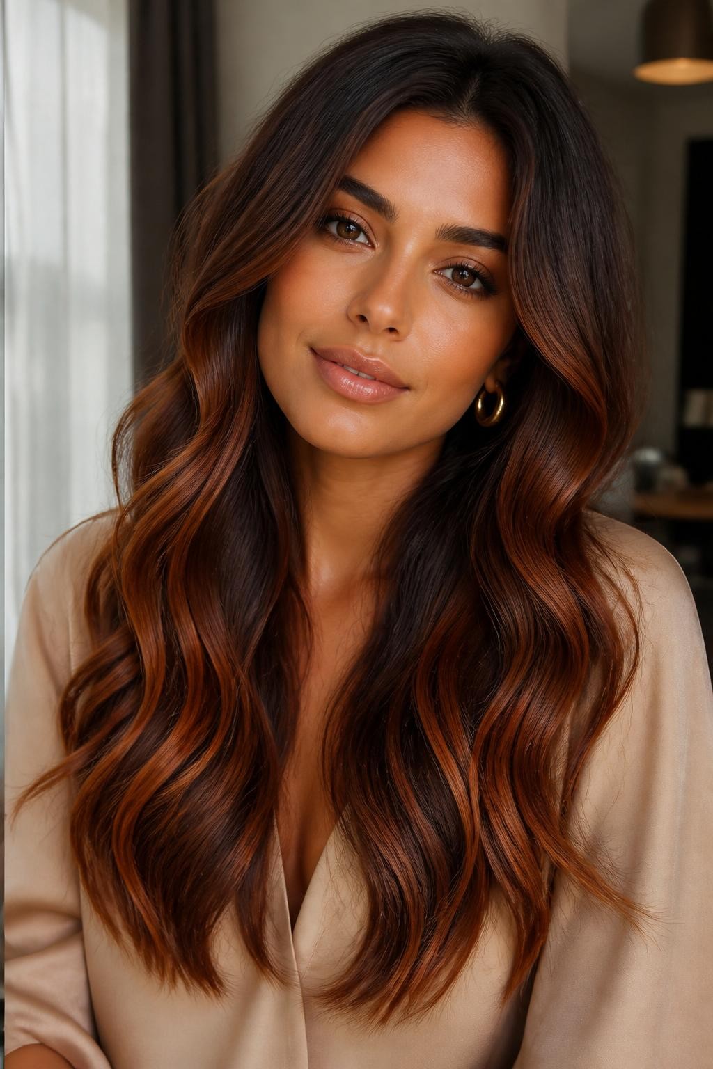 Image Prompt: A stylish woman with long dark brown hair and soft auburn balayage, deep brunette roots with hand-painted auburn and copper-brown pieces through the mid-lengths and ends, soft loose waves, warm medium skin tone, natural glam makeup, glossy lips, gold earrings, beige blouse, modern indoor background, soft window light, realistic beauty editorial portrait, smooth blended auburn color placement, no text, (no watermarks on images)