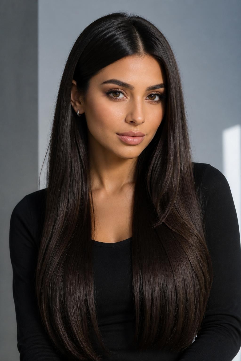 Image Prompt: A stylish brunette woman with long soft black brunette hair, natural black-brown shade with subtle brown undertones, sleek straight texture, center part, smooth glossy finish, warm olive skin tone, soft matte makeup, nude lips, small silver earrings, fitted black top, clean modern studio background, soft cool lighting, realistic DSLR beauty portrait, detailed smooth dark hair shine, no text, (no watermarks on images)