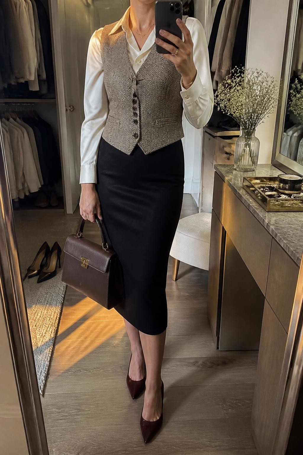 Mirror selfie of a woman wearing a tailored grey and brown herringbone waistcoat over a fitted ivory satin blouse, black wool pencil midi skirt, burgundy leather pumps, and a structured dark brown handbag, clearly showing the exact clothing items, colors, fabrics, and accessories listed, holding a phone in front of a walk-in closet mirror, cropped at the neck so the face does not show, relaxed confident selfie pose, evening golden-hour lighting, a jewelry tray on the vanity and a pair of heels on the floor nearby, elegant and realistic, latest iPhone photo quality.