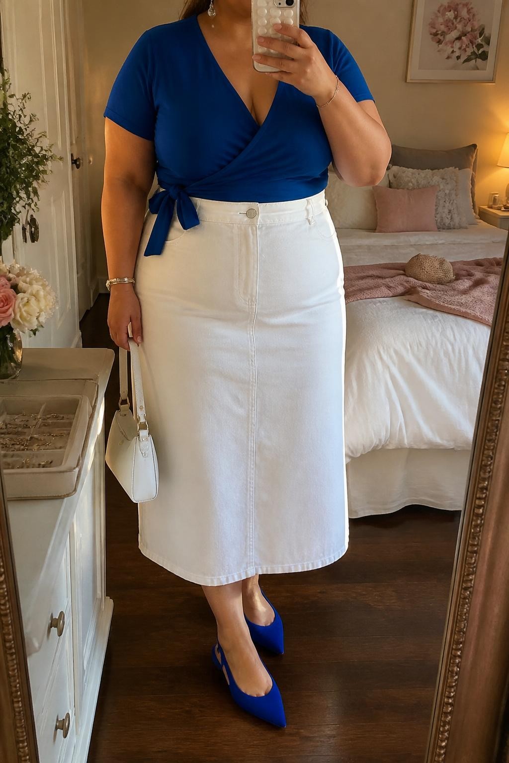 Mirror selfie of a plus size woman wearing a crisp white high-waisted denim midi skirt with a clean A-line shape, a cobalt blue short-sleeve wrap top with a softly tied waist, cobalt pointed slingback flats, a small white leather handbag, and silver drop earrings, clearly showing the exact clothing items, white denim, cobalt top, wrap detail, colors, footwear, and accessories listed, holding a phone in front of a mirror, cropped at the neck so the face is hidden, relaxed bright selfie pose, in a feminine-themed bedroom with evening golden-hour lighting, a jewelry tray on the vanity and soft pillows on an unmade bed, realistic summer lunch styling, latest iPhone photo quality.