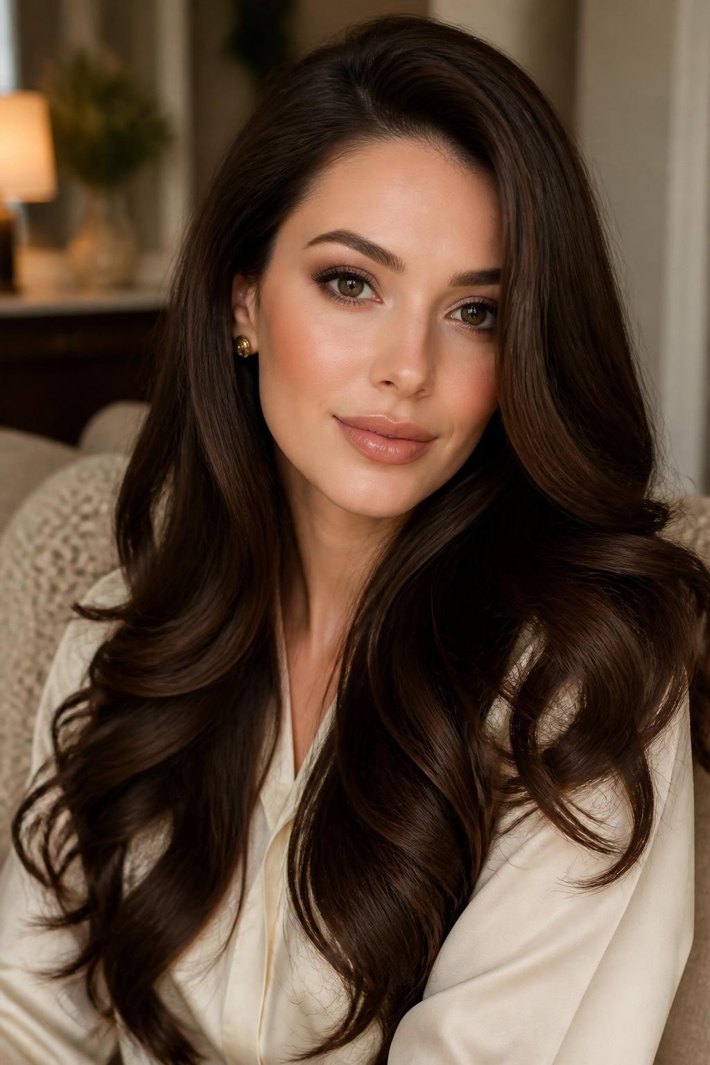 Image Prompt: A stunning woman with fair skin and long dark chocolate brown hair, rich deep brown shade with soft warm undertones, side part, glossy loose curls, soft glam makeup, nude glossy lips, gold studs, ivory blouse, cozy indoor background, soft warm lighting, realistic DSLR beauty portrait, detailed chocolate brunette shine and curl movement, no text, (no watermarks on images)