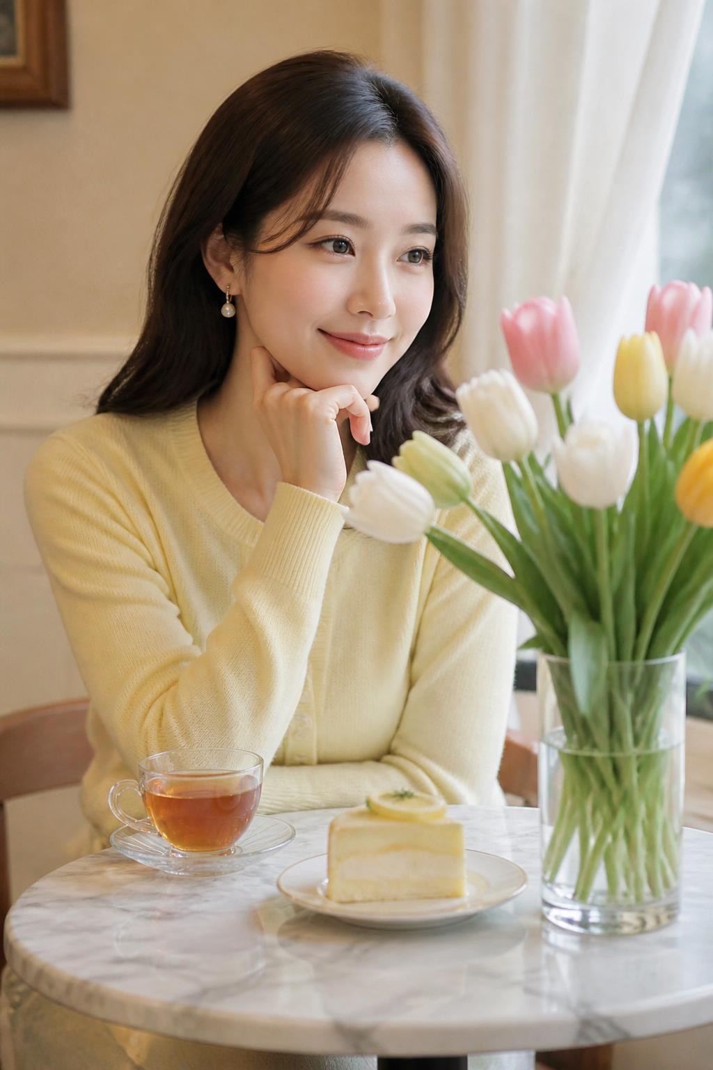 A soft cafe portrait of an adult woman with fair skin sitting at a round marble table, wearing a pale yellow cardigan and simple pearl earrings, resting her chin lightly on one hand while looking past a small vase of fresh tulips, the flowers partly in the foreground, hot tea in a glass cup, slice of lemon cake on a plate, soft cafe curtains, warm cream wall, natural afternoon light, gentle smile, realistic fabric folds, shallow depth of field, pretty cafe portrait with a calm seasonal feel.