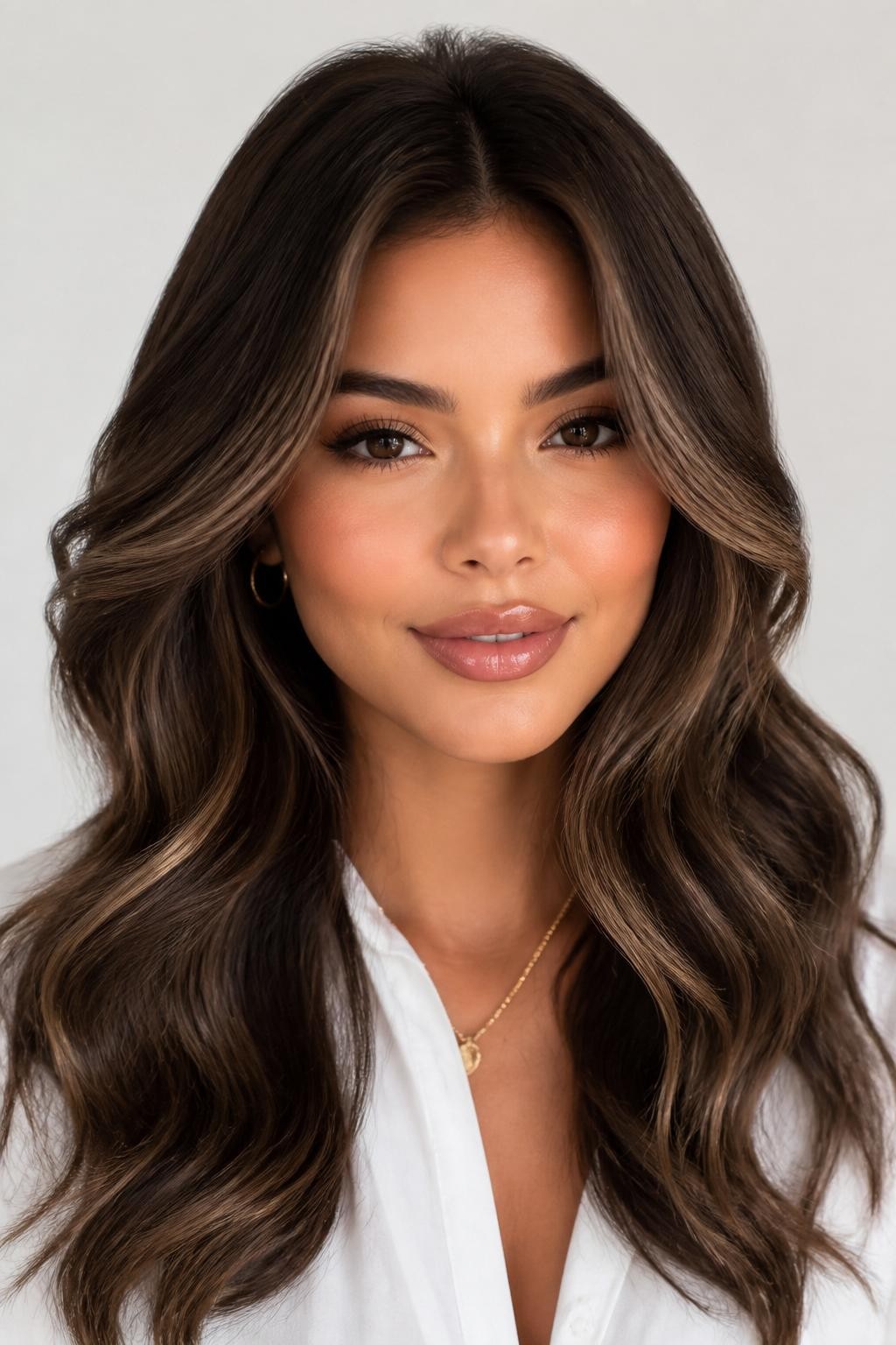 Image Prompt: A beautiful woman with dark brown hair and milk brown highlights, rich brunette base with soft creamy brown pieces placed around the face and through the lower layers, loose glossy waves, warm tan skin tone, soft bronzed makeup, glossy lips, small gold jewelry, white blouse, clean bright studio background, soft flattering lighting, realistic DSLR beauty portrait, detailed soft highlight contrast and shine, no text, (no watermarks on images)