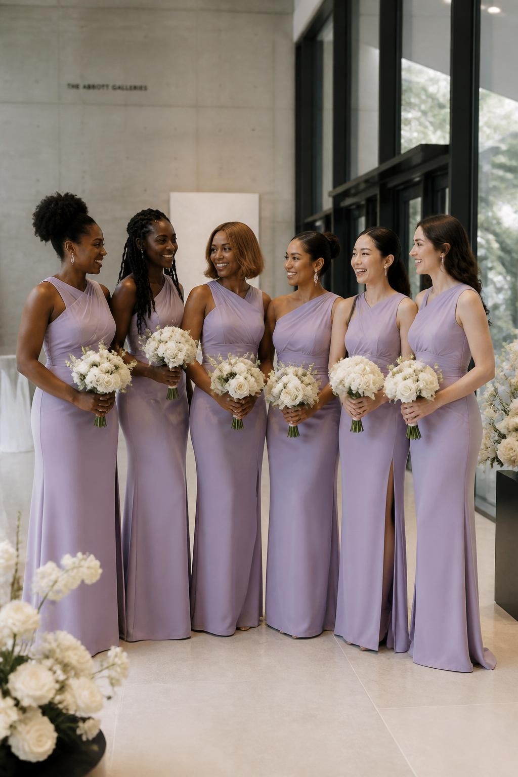 Realistic contemporary wedding photograph of six bridesmaids wearing matte lilac jersey-crepe column gowns with sculpted asymmetrical necklines, diagonal draping across the torso, elongated waistlines, and floor-length skirts with discreet side slits, women with deep blue-black, dark warm brown, copper, golden olive, East Asian fair, and pale rosy complexions, varied shoulder widths, torso lengths, ages, and body shapes represented naturally, bright confident faces with distinct features and subtle makeup, hairstyles including a high curly puff, long twists, polished side-part bob, sculptural bun, sleek ponytail, and brushed waves, standing inside a modern art museum with pale concrete walls, limestone floors, tall windows, and minimal ivory floral installations, directional daylight revealing the matte fabric texture, authentic folds, natural skirt creases, and relaxed group spacing.