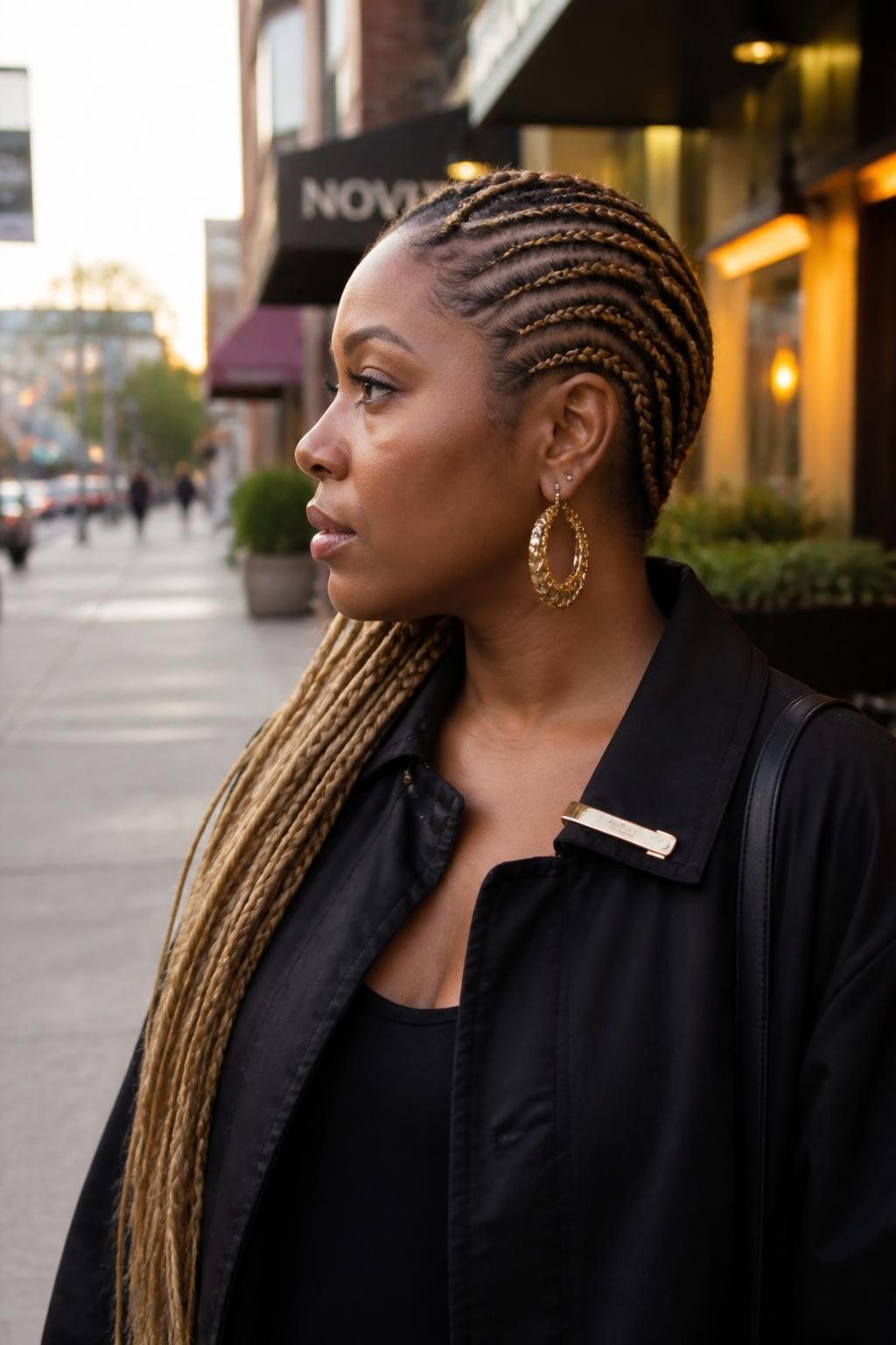 Image prompt: Photo of a Black woman wearing long side-swept lemonade braids curved neatly across the scalp and resting over one shoulder, side profile view, softly blurred city street background with warm storefront lights, golden hour glow, containing large gold earrings and a slim hair clip attached to her jacket collar, realistic candid photo, latest iPhone photo quality.