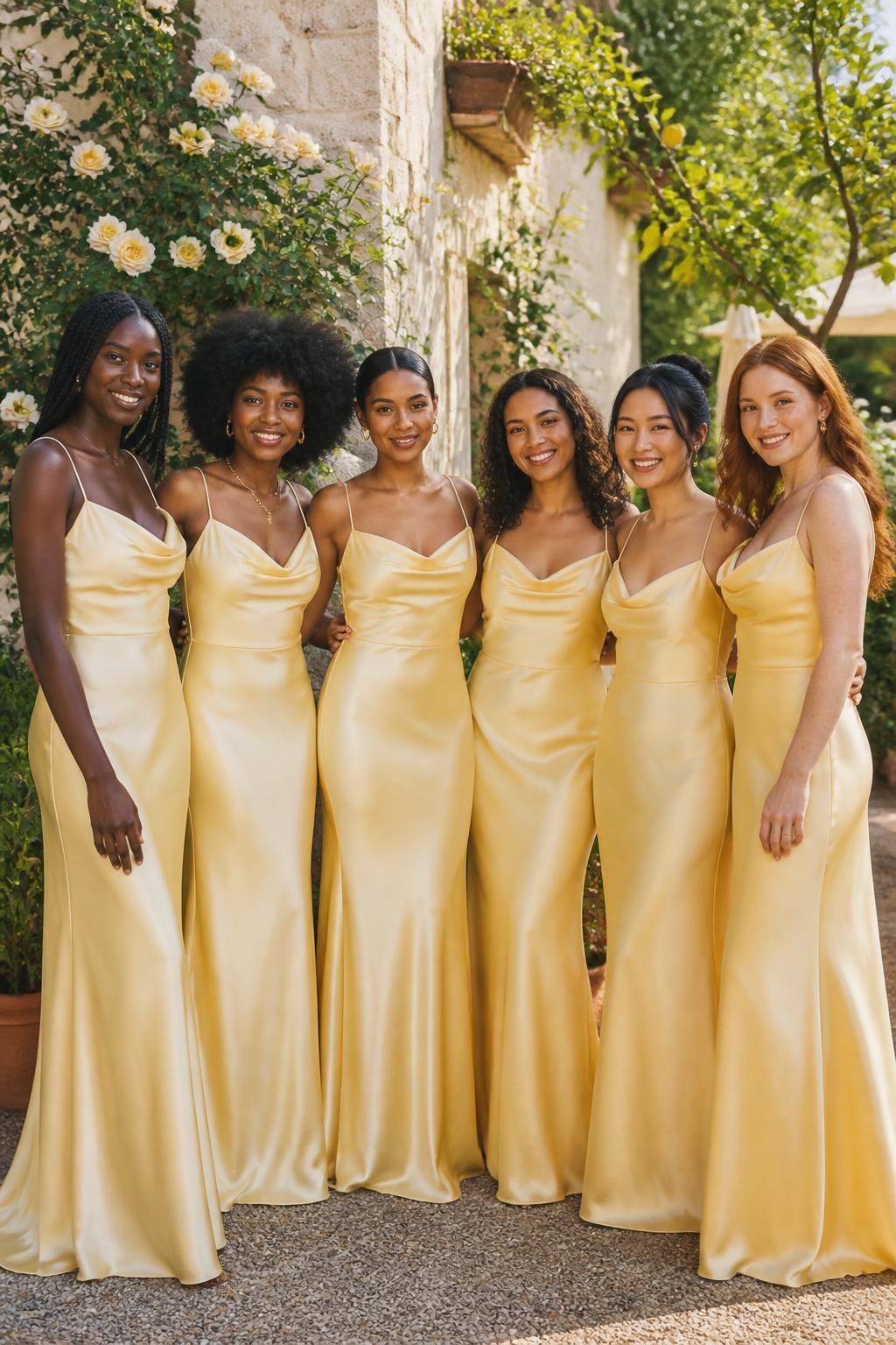 Realistic full-frame DSLR wedding photograph of six bridesmaids wearing floor-length butter yellow satin gowns with softly draped cowl necklines, narrow adjustable straps, shaped waists, and fluid bias-cut skirts, women with deep ebony, rich brown, warm caramel, olive, East Asian light beige, and fair freckled skin tones, varied heights, ages, and body shapes, bright beautiful faces with distinct features, realistic skin texture, soft natural smiles, makeup carefully matched to each complexion, hairstyles including long knotless braids, a rounded afro, sleek low bun, shoulder-length curls, and brushed waves, standing in a sunlit garden courtyard with cream stone walls, pale yellow roses, white flowers, lemon trees, and soft greenery, natural late-afternoon light creating believable highlights and gentle folds across the satin, relaxed editorial wedding photography.