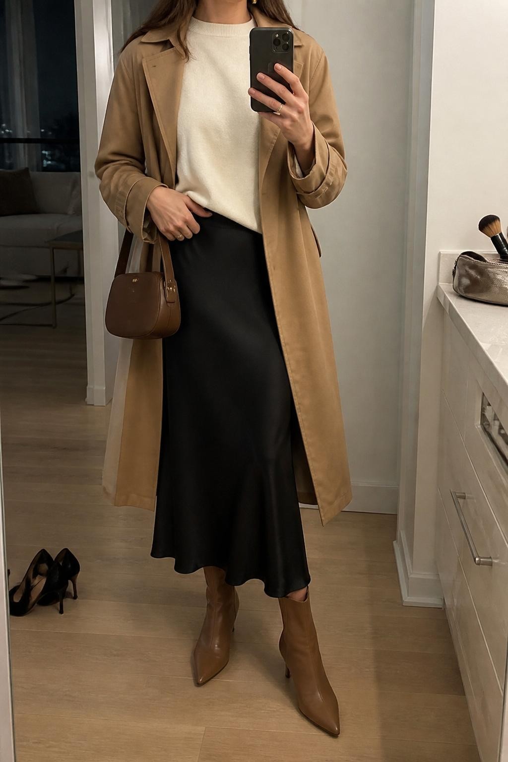 mirror selfie of a woman wearing the exact outfit described above, clearly showing mocha brown kitten-heel ankle boots, a black satin midi slip skirt, an ivory cashmere sweater, a camel trench coat worn open, a mocha mini handbag, and gold drop earrings, holding a phone in front of a mirror, cropped at NECK so the face does not show, with a relaxed casual selfie pose, in a stylish city apartment, soft indoor lighting, with a makeup brush or cosmetic bag on the counter and a pair of heels on the floor nearby, latest iPhone photo quality.
