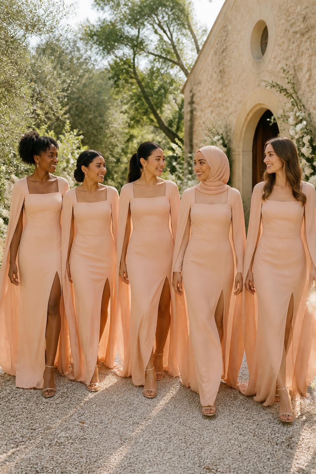 Realistic outdoor wedding photograph of five bridesmaids wearing peach matte-crepe column gowns with clean square necklines, fitted sleeveless bodices, softly defined waists, and long split chiffon cape sleeves flowing from the shoulders to near the floor, women of West African, South Asian, East Asian, Middle Eastern, and European appearance with deep, golden brown, olive, tan, and fair complexions, bright expressive faces with individual features, realistic pores and soft makeup, hairstyles including natural coils, a braided crown, neatly wrapped hijab, polished ponytail, and loose waves, walking beside a pale stone countryside chapel surrounded by mature trees, ivory flowers, and soft greenery, light breeze lifting the chiffon panels naturally, visible transparency, gentle shadows, accurate hands, and believable body proportions.