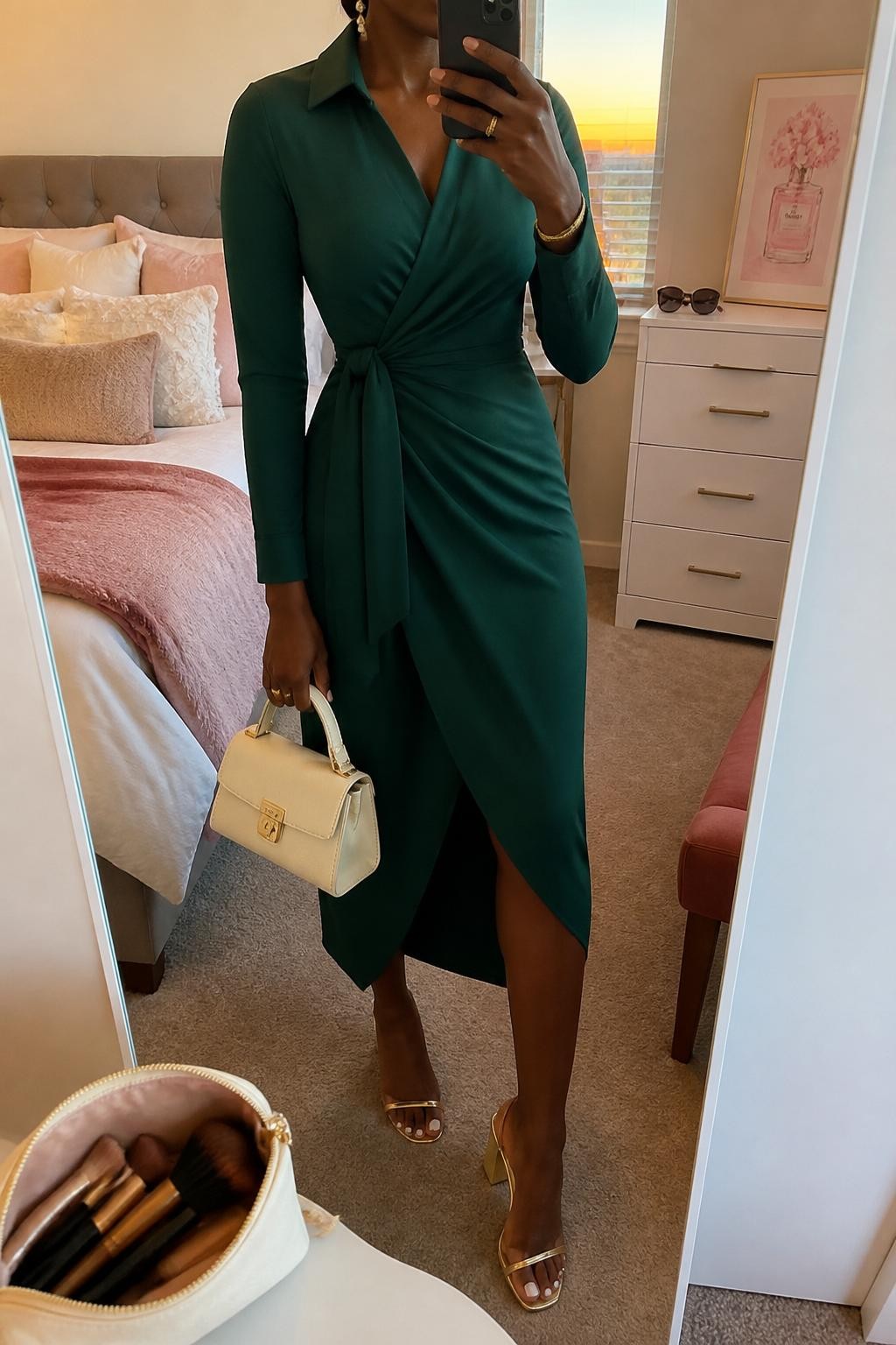 mirror selfie of a Black woman wearing the exact outfit described above, clearly showing a forest green long-sleeve wrap midi dress, gold block heels, a cream mini top-handle bag, pearl drop earrings, and a thin gold bracelet, holding a phone in front of a mirror, cropped at NECK so the face does not show, with a relaxed casual selfie pose, in a feminine-themed bedroom, evening golden hour, with a makeup brush or cosmetic bag on the counter and sunglasses placed on a dresser, latest iPhone photo quality.