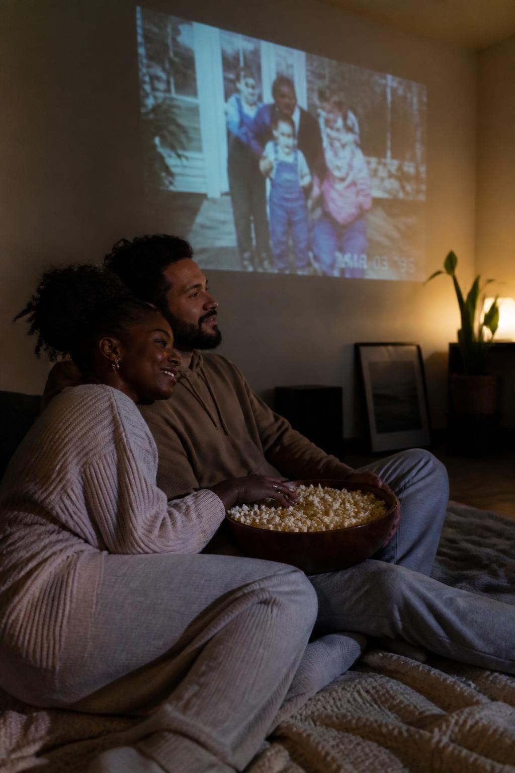 Image prompt: A cozy indoor DSLR photo of an adult couple sitting on the floor in a dim living room while an old home movie plays on a white wall, featuring a Black woman with deep brown skin wearing a soft oversized sweater and lounge pants, leaning against her partner’s shoulder, both holding a bowl of popcorn together, projector light passing softly across the room, blanket on the floor, framed photos, warm lamp in the corner, realistic popcorn pieces, natural skin texture, gentle smiles, intimate home couple photography, cinematic but believable.