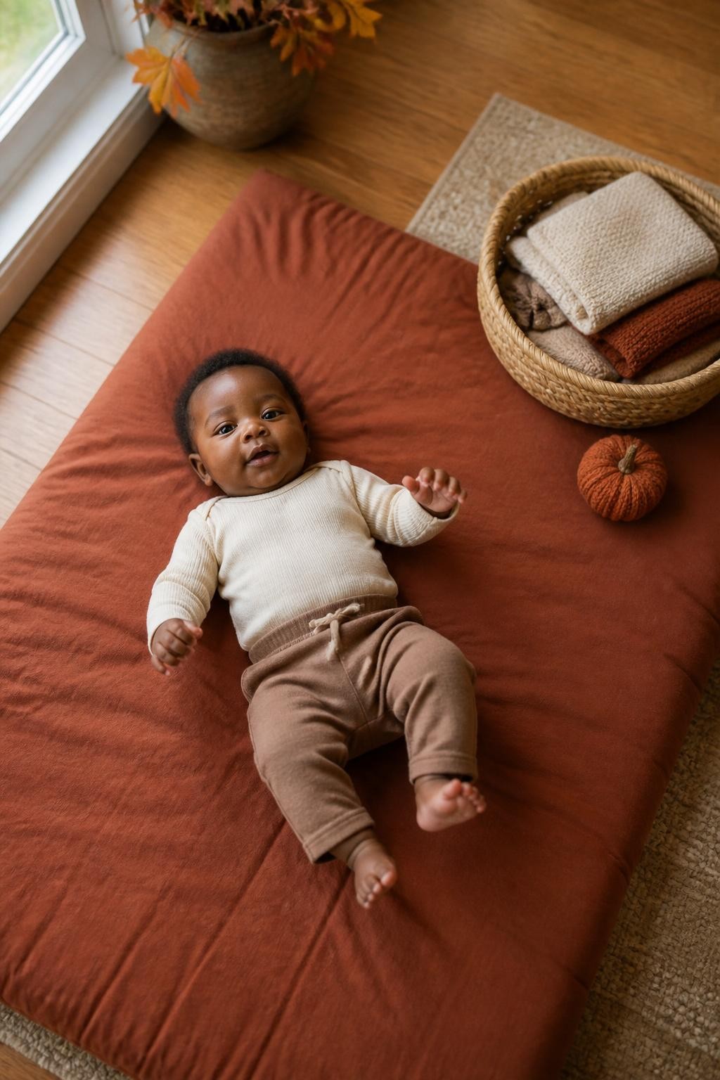 Image Prompt: A Black baby around four months old lying safely on their back on a thick padded mat covered with a fitted rust-colored fabric, wearing a cream long-sleeve bodysuit and soft brown trousers, a low woven basket filled with folded knit blankets placed well beside the baby and outside arm’s reach, one small knitted pumpkin resting near the basket rather than near the baby’s face, natural window light from a nearby living-room window, warm wood floor and modest fall details in the background, photographed from above with a DSLR 35mm lens, realistic dark skin texture, natural baby movement, visible fabric creases, no baby inside the basket, no loose blanket around the body, no elevated surface.