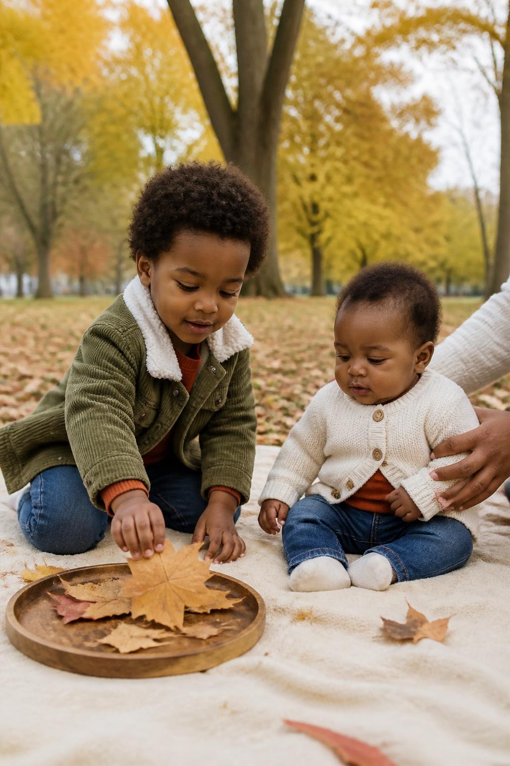 Image Prompt: A Black toddler around three years old sitting on a large park blanket beside a ten-month-old baby sibling, both wearing coordinated but different fall outfits in olive, rust, cream, and denim, the toddler carefully placing one large dry leaf into a shallow wooden tray while the baby watches from a supported seated position, the mother’s hand lightly visible behind the baby’s back for safety, scattered leaves and tall golden trees in the background, soft cloudy daylight, photographed at child-eye level with a DSLR 50mm lens, detailed dark skin tones, natural sibling expressions, realistic age differences, no leaf pile around the baby, no forced hugging, no unattended children.