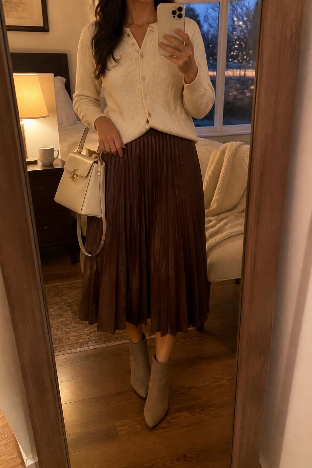 mirror selfie of a woman wearing the exact outfit described above, clearly showing an ivory button-front cardigan, brown pleated midi skirt, tan ankle boots, a cream top-handle bag, and a slim gold necklace, holding a phone in front of a mirror, cropped at NECK so the face does not show, with a relaxed casual selfie pose, in a cozy bedroom mirror setup, evening golden hour, with a coffee mug on a bedside table and a folded blanket on a chair, latest iPhone photo quality.
