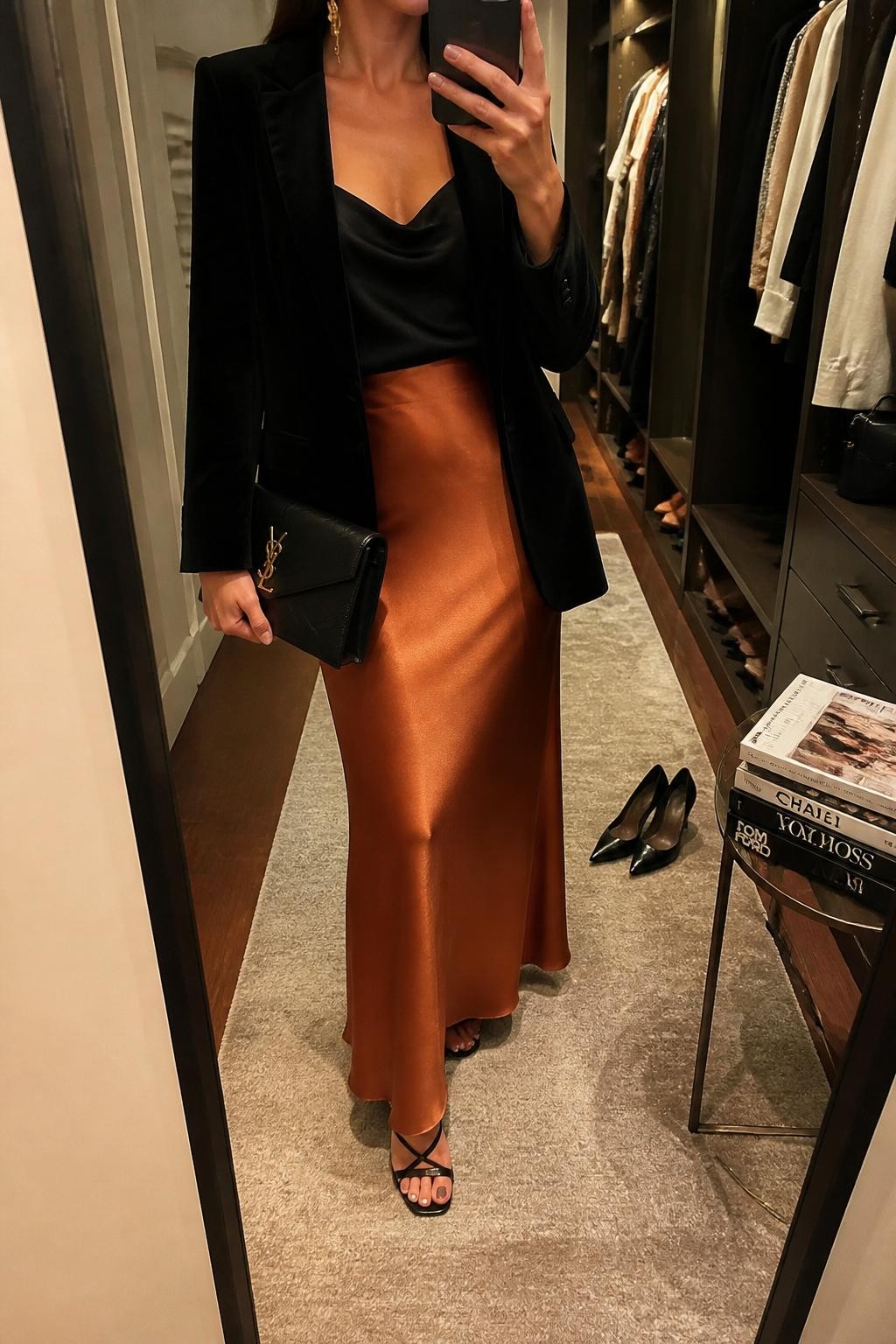 mirror selfie of a woman wearing the exact outfit described above, clearly showing a copper satin maxi skirt, fitted black satin cami, black velvet blazer, black strappy heels, black envelope clutch, and gold drop earrings, holding a phone in front of a mirror, cropped at NECK so the face does not show, with a relaxed casual selfie pose, in a walk-in closet mirror, warm moody lighting, with a pair of heels on the floor nearby and a stack of fashion magazines on a side table, latest iPhone photo quality.