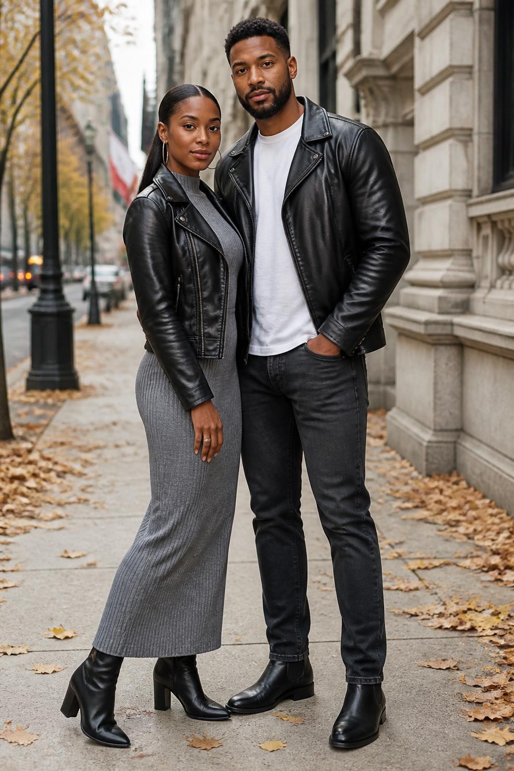 Modern city fall couples photoshoot of a Black woman wearing a grey knit maxi dress, black leather jacket, black heeled ankle boots, and silver hoop earrings, standing beside her partner wearing a black leather jacket, white crewneck shirt, charcoal jeans, and black Chelsea boots, on a quiet city sidewalk with fallen leaves and stone buildings behind them, soft cloudy daylight, DSLR photo quality, cool confident pose, beautiful faces visible.