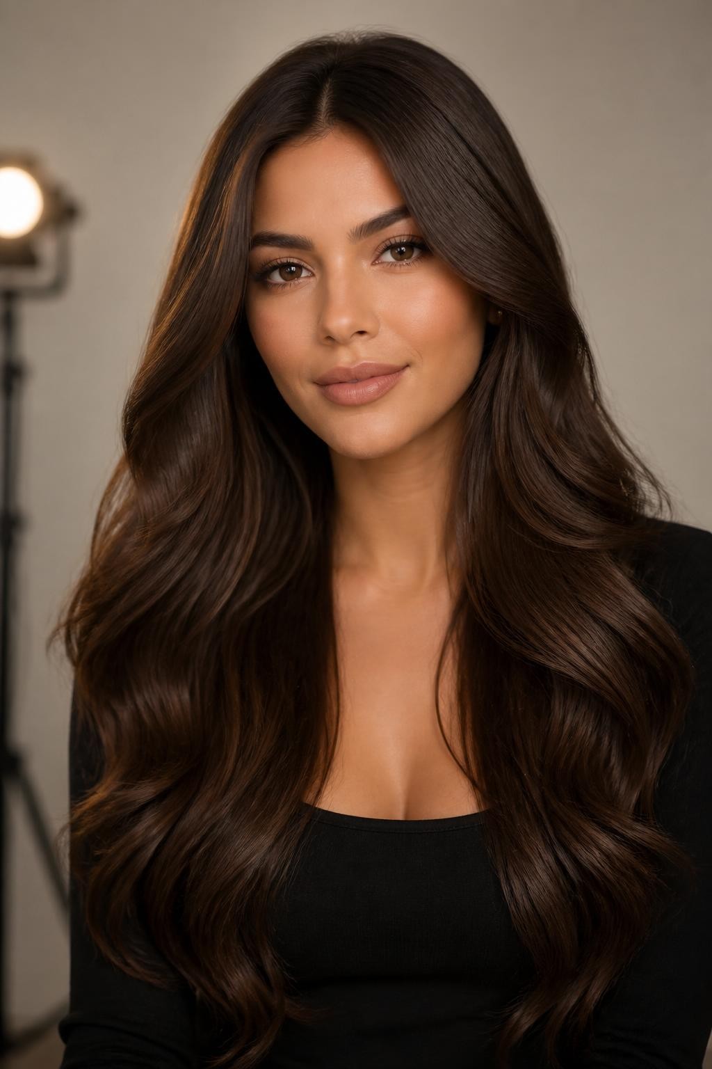 Image Prompt: A gorgeous woman with long dark milk brown hair, deep creamy brown shade with soft cocoa and beige undertones, smooth flowing waves, center part, warm olive skin tone, soft matte makeup, nude lips, small gold studs, fitted black top, clean modern studio background, soft warm lighting, realistic DSLR beauty portrait, detailed dark creamy brown shine and smooth texture, no text, (no watermarks on images)