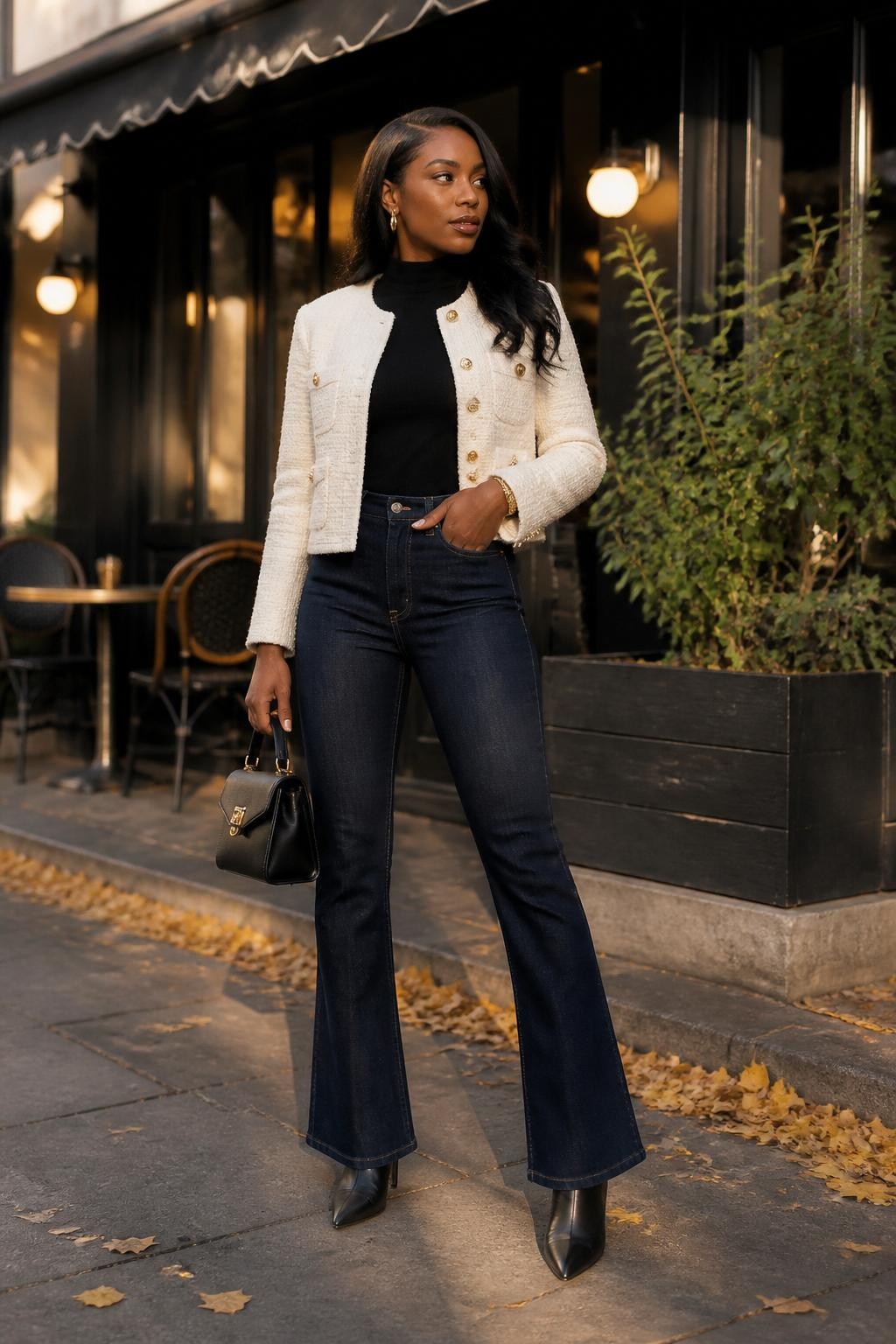Realistic full-body DSLR fashion photo of a Black woman wearing an ivory bouclé cropped jacket over a black fitted mock-neck top, dark indigo flared jeans, black pointed ankle boots, and a structured black handbag with gold hardware, standing outside an elegant café with yellow fall leaves along the pavement, warm golden hour light, exact outfit textures and pieces visible, confident refined pose.