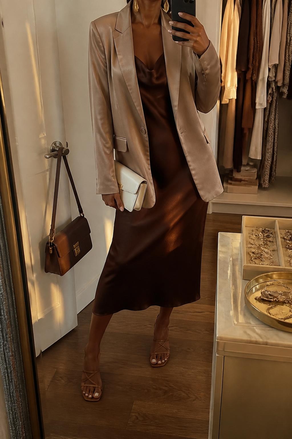 mirror selfie of a Black woman wearing the exact outfit described above, clearly showing a taupe satin blazer layered over a chocolate brown satin slip dress, brown strappy heels, a cream clutch, and gold drop earrings, holding a phone in front of a mirror, cropped at NECK so the face does not show, with a relaxed casual selfie pose, in a walk-in closet mirror, evening golden hour, with a handbag hanging on a door handle and a jewelry tray on the vanity, latest iPhone photo quality.