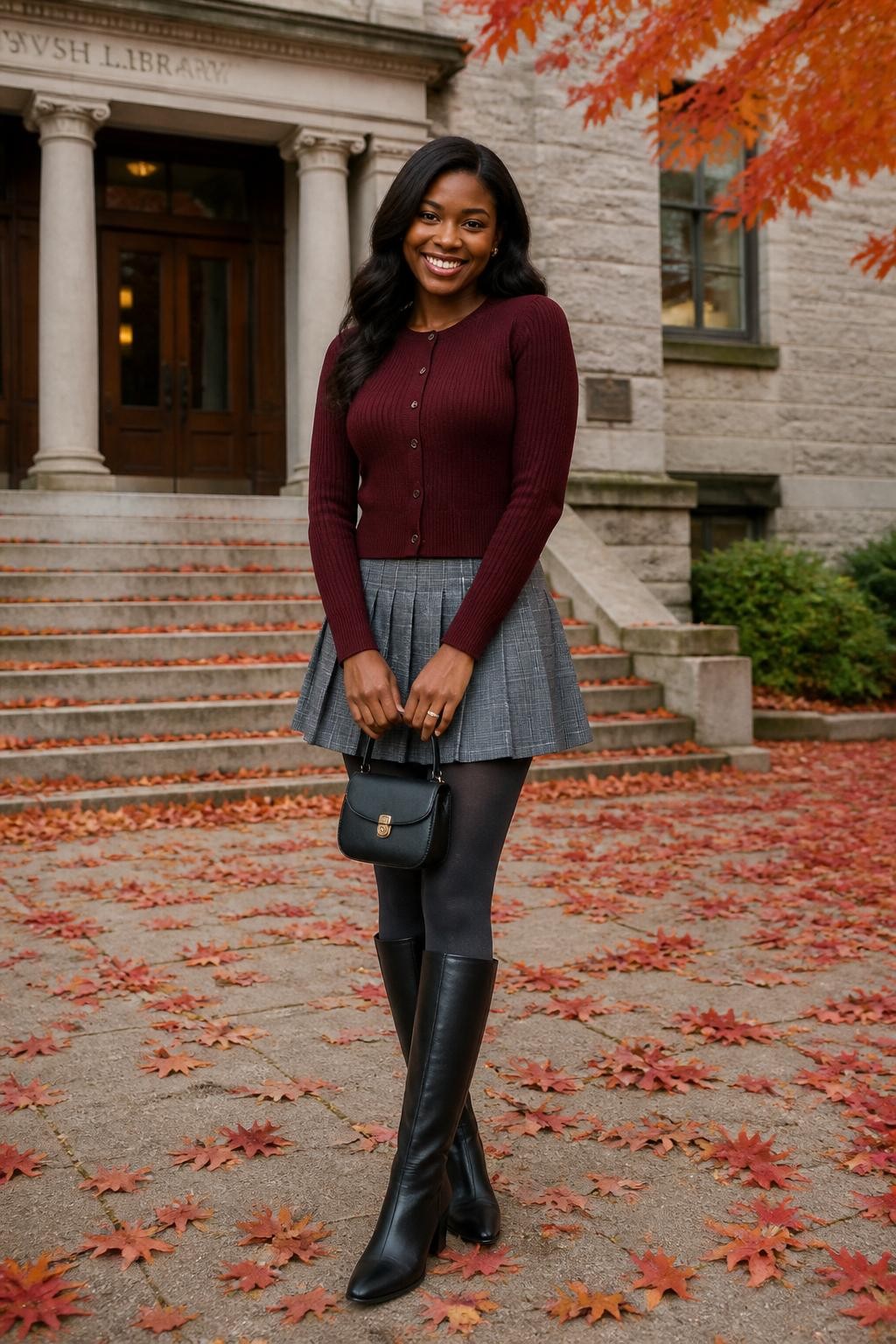 Realistic full-body DSLR fashion photo of a smiling Black woman wearing a fitted burgundy button-front cardigan, grey plaid pleated mini skirt, charcoal opaque tights, black knee-high riding boots, and a small black top-handle bag, standing near stone library steps surrounded by red and orange fall leaves, soft cloudy daylight, exact colors and clothing pieces visible, elegant natural hairstyle.