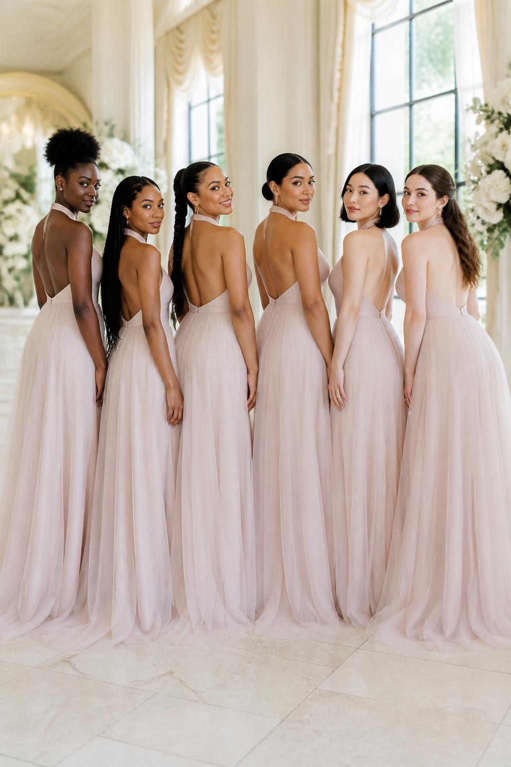 Realistic romantic ballroom wedding portrait of six bridesmaids wearing ballet-blush gowns with clean gathered halter necklines, low open backs, elongated matte-crepe bodices, and full floor-length skirts made from several soft layers of fine tulle, women with deep ebony, cool dark brown, cinnamon, golden tan, East Asian fair, and pale rosy skin tones, different shoulder widths, torso lengths, ages, and body shapes represented realistically, bright elegant faces with distinct features and softly luminous makeup, hairstyles including a high curly puff, long braids, braided ponytail, sleek bob, smooth chignon, and brushed waves, standing inside a light-filled ballroom with cream drapery, pale stone floors, white flowers, and tall windows, soft daylight passing through the layered skirts, visible tulle edges, natural movement, and realistic weight through the fitted bodices.