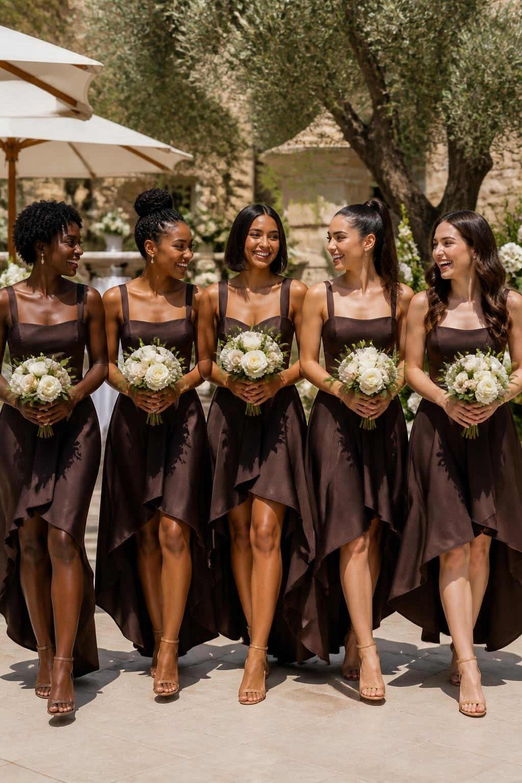Realistic summer wedding photograph of five bridesmaids wearing chocolate brown high-low dresses with fitted square-neck bodices and sculpted skirts falling below the knee in front and near the ankle at the back, women with very deep brown, dark warm brown, golden tan, light olive, and fair peach skin tones, bright smiling faces with distinct features, realistic makeup and natural skin detail, hairstyles including short coils, braided updo, sleek bob, high ponytail, and soft curls, standing on a landscaped terrace with cream umbrellas, pale stone flooring, olive trees, and white flowers, natural breeze lifting the hems, elegant block heels visible, believable shadows and crisp DSLR wedding photography.