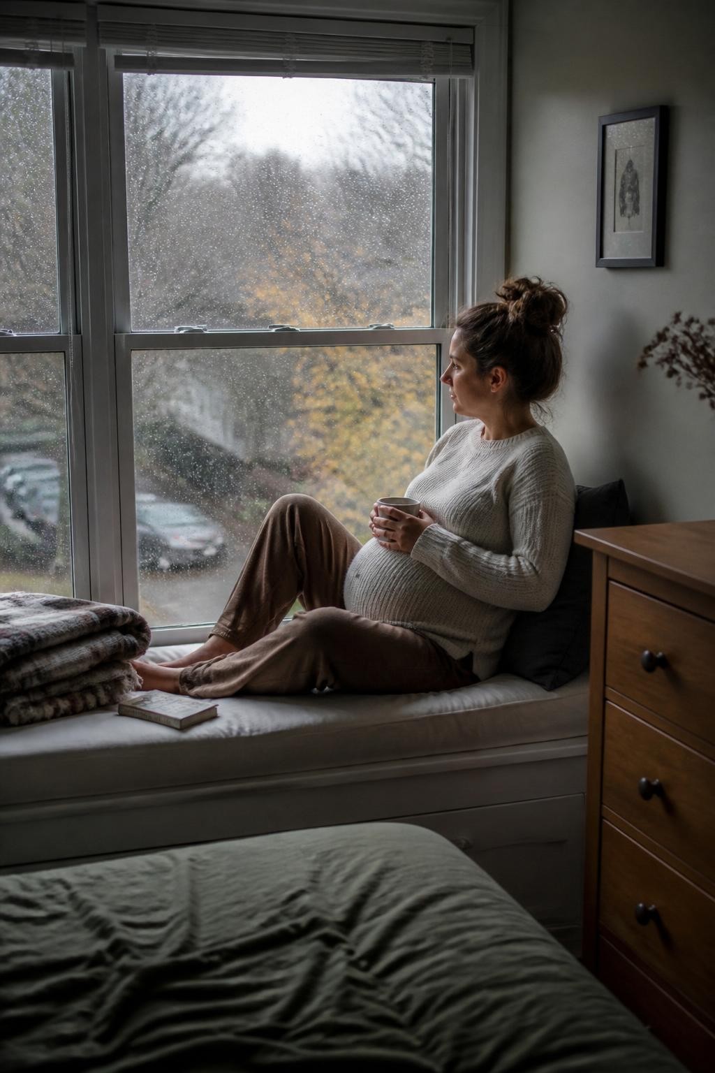 Image Prompt: A pregnant white woman sitting sideways on a deep window seat inside a modest bedroom on a cool fall morning, wearing a soft oatmeal knit sweater that gently follows the shape of her belly and loose brown lounge trousers, one knee bent comfortably while her bare feet rest on the cushion, both hands loosely holding a ceramic mug below her chest, warm natural window light falling across her face and bump, raindrops visible on the outside glass, a folded plaid blanket and one paperback book beside her, muted trees visible through the window, photographed with a DSLR 50mm lens from across the room, realistic home details, natural skin texture, slightly messy cushions, soft shadows, no luxury hotel interior, no heavily staged breakfast tray.