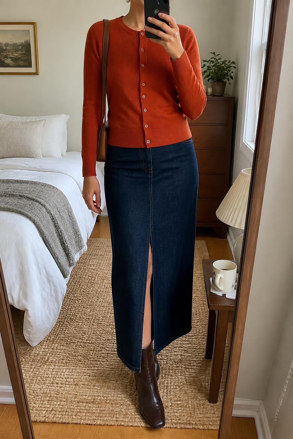 Mirror selfie of a woman wearing a fitted rust-orange button-front cardigan, dark indigo denim maxi skirt with a front slit, chocolate-brown leather ankle boots, structured tan shoulder bag, and small pearl stud earrings, clearly showing the exact clothing items, colors, fabrics, and accessories listed, holding a phone in front of a cozy bedroom mirror setup, cropped at the neck so the face does not show, relaxed casual selfie pose, natural window light, a coffee mug on a bedside table and a small plant on a dresser, natural and uncluttered, latest iPhone photo quality.