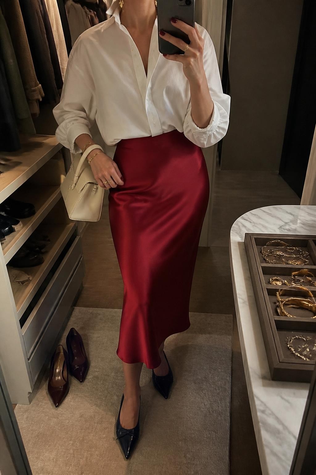mirror selfie of a woman wearing a crisp white oversized poplin button-down shirt tucked into a red satin midi slip skirt, navy pointed flats, cream structured mini bag, and gold drop earrings, clearly showing the same clothing items, colors, fabrics, and accessories listed in the Outfit Pieces section, holding a phone in front of a mirror, cropped at NECK so the face does not show, with a relaxed casual selfie pose, in a walk-in closet mirror, warm moody lighting, including a jewelry tray on the vanity and a pair of heels on the floor nearby, latest iPhone photo quality.