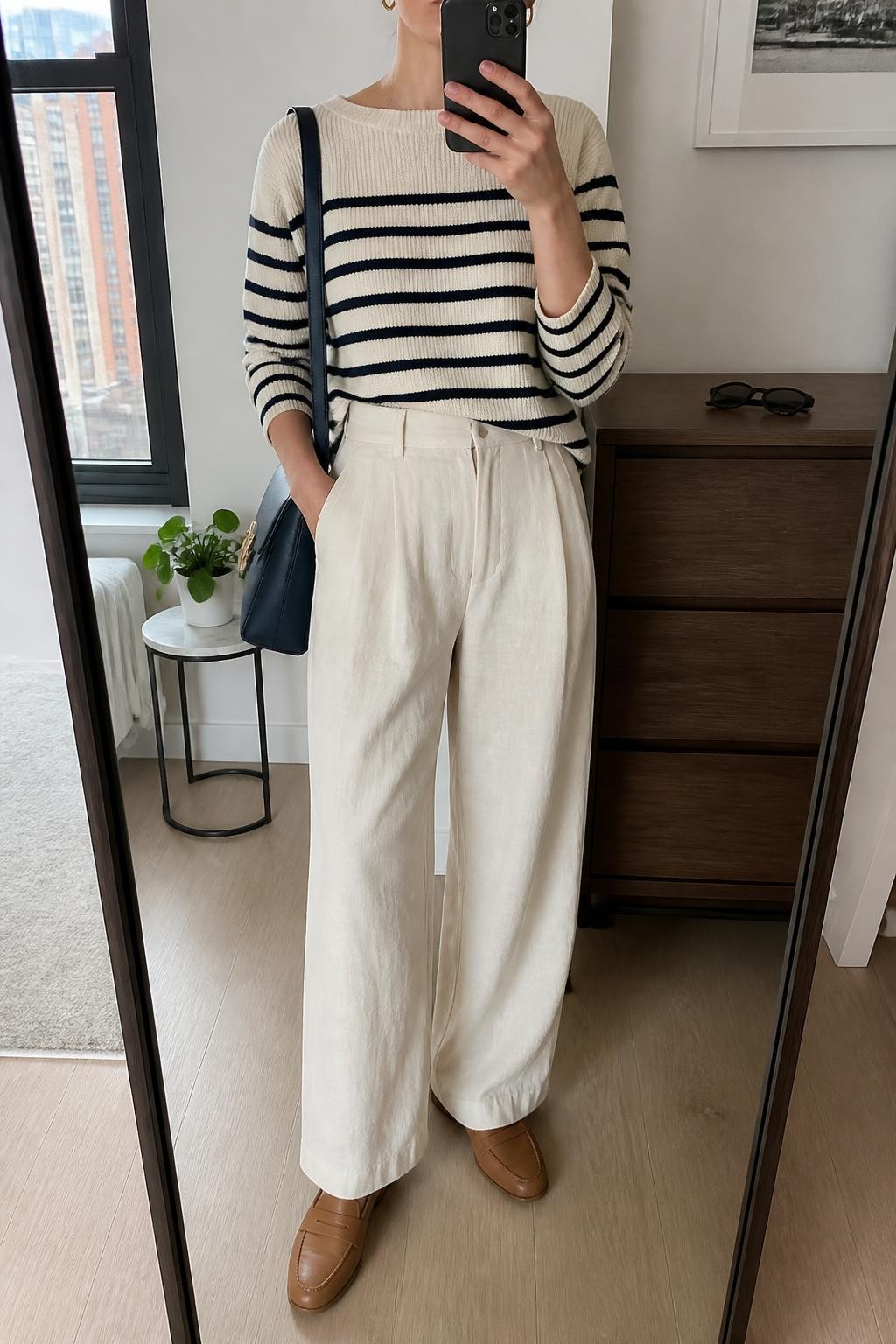 Mirror selfie of a woman wearing a relaxed cream and navy striped cotton-knit sweater, high-waisted cream linen-blend wide-leg trousers, tan leather loafers, a structured navy shoulder bag, and small gold hoop earrings, clearly showing the exact clothing items, colors, fabrics, and accessories listed, holding a phone in front of a stylish city apartment mirror, cropped at the neck so the face does not show, relaxed casual selfie pose, natural window light, sunglasses placed on a dresser and a small plant on a side table, natural and uncluttered, latest iPhone photo quality.