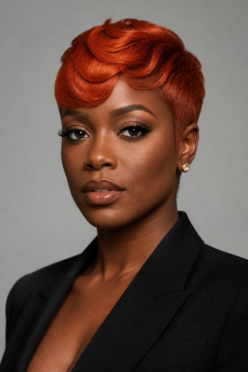 Image Prompt: A chic woman with a short red copper pixie cut, neatly shaped sides, soft swoop at the front, warm copper-red hair color with smooth shine, deep brown skin, defined lashes, glossy nude lip, small gold earrings, tailored black blazer, clean studio background, sharp beauty editorial photography, realistic DSLR image, no text, (no watermarks on images)