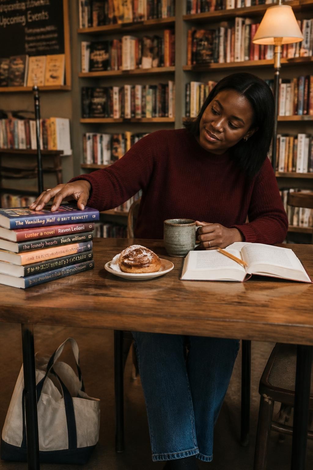A cozy bookstore cafe photo of an adult Black woman with dark skin sitting at a shared wooden table, wearing a soft burgundy sweater and straight-leg jeans, reaching for the top book from a small stack beside her coffee, head tilted with a curious smile, other hand resting near a ceramic mug, open book, pencil, cinnamon bun, tote bag on the floor, tall bookshelves behind her, warm reading lamp, realistic paper texture, soft shadows, quiet cafe-library atmosphere, DSLR human lifestyle photography.