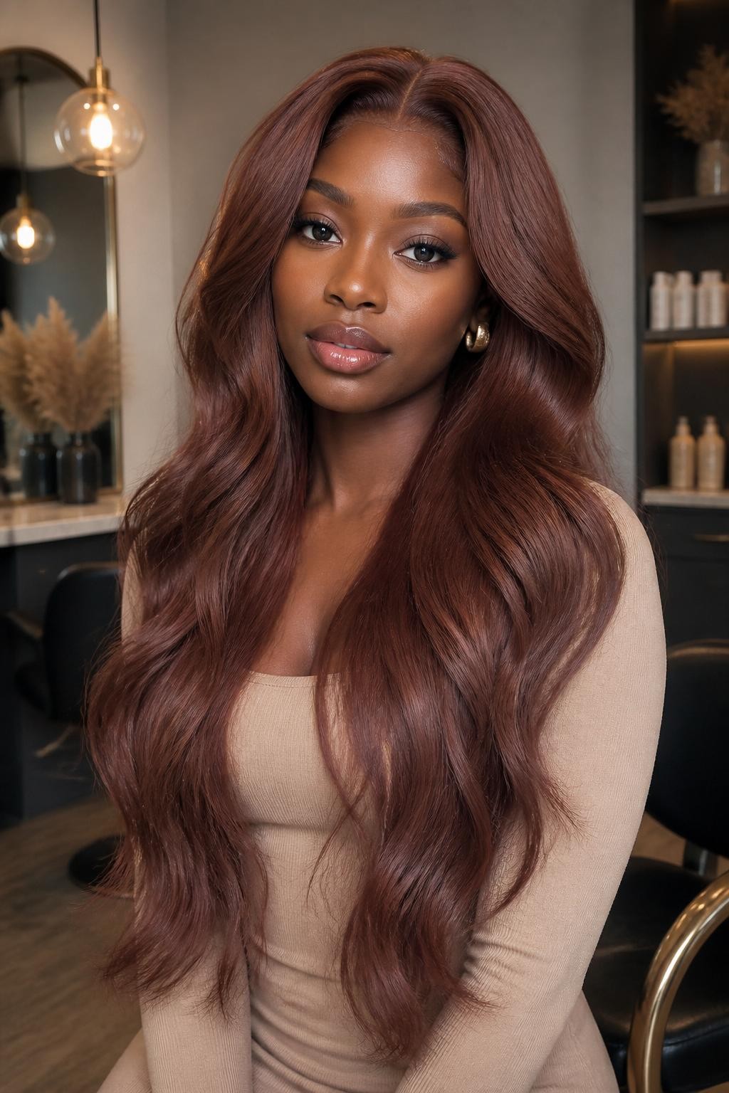 Image Prompt: A beautiful woman wearing a long rose brown wig, layered loose waves, muted rosy brunette hair color with glossy shine, natural-looking hairline, deep brown skin, smooth soft glam makeup, gold earrings, fitted beige top, luxury beauty studio setting, soft warm lighting, realistic editorial portrait, detailed wave texture and soft rose brown tone, no text, (no watermarks on images)
