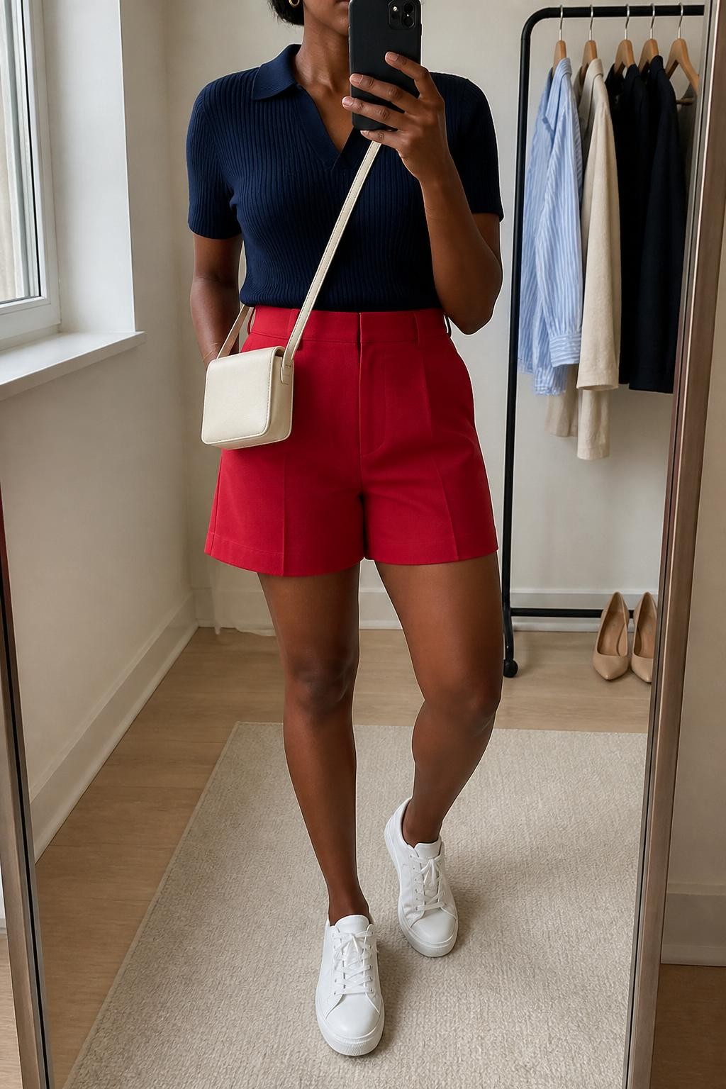 mirror selfie of a Black woman wearing a fitted navy short-sleeve knit polo shirt tucked into red high-waisted tailored shorts, white leather sneakers, cream mini crossbody bag, and small gold hoop earrings, clearly showing the same clothing items, colors, fabrics, and accessories listed in the Outfit Pieces section, holding a phone in front of a mirror, cropped at NECK so the face does not show, with a relaxed casual selfie pose, in a minimal dressing room, natural window light, including a clothing rack with garments behind and a pair of heels on the floor nearby, latest iPhone photo quality.