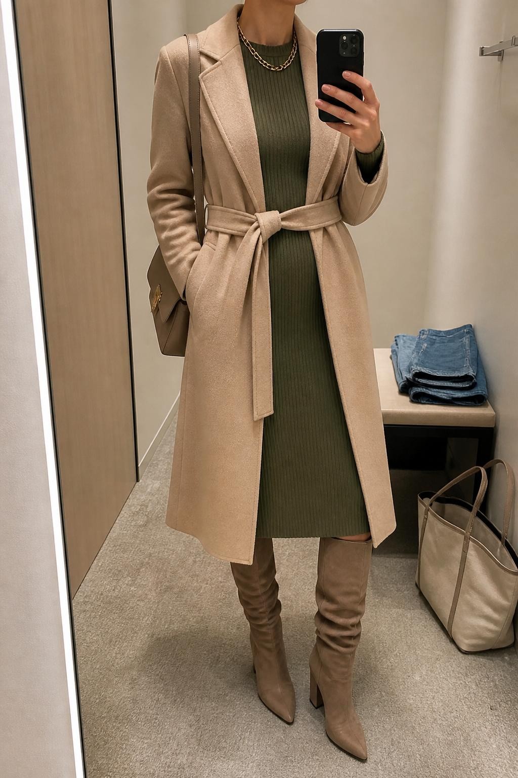 mirror selfie of a woman wearing the exact outfit described above, clearly showing taupe slouchy knee-high boots, an olive green long-sleeve knit midi dress, a beige belted coat, a taupe shoulder bag, and gold chain necklace, holding a phone in front of a mirror, cropped at NECK so the face does not show, with a relaxed casual selfie pose, in a minimal dressing room, soft indoor lighting, with folded denim jeans on a bench and a tote bag resting on the floor, latest iPhone photo quality.