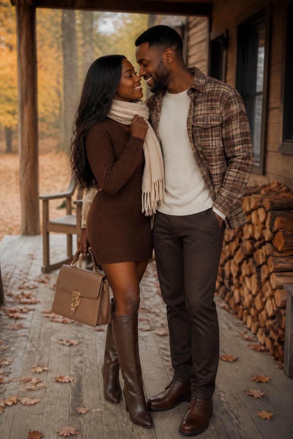 Cozy fall couples photoshoot of a Black woman wearing a chocolate brown sweater mini dress, knee-high brown leather boots, a cream scarf, and a tan structured handbag, standing beside her partner wearing a cream waffle knit shirt, brown plaid overshirt, dark chinos, and brown leather boots, on a cabin porch with stacked firewood and autumn leaves around, soft morning light, DSLR photo quality, warm romantic pose, beautiful faces visible.