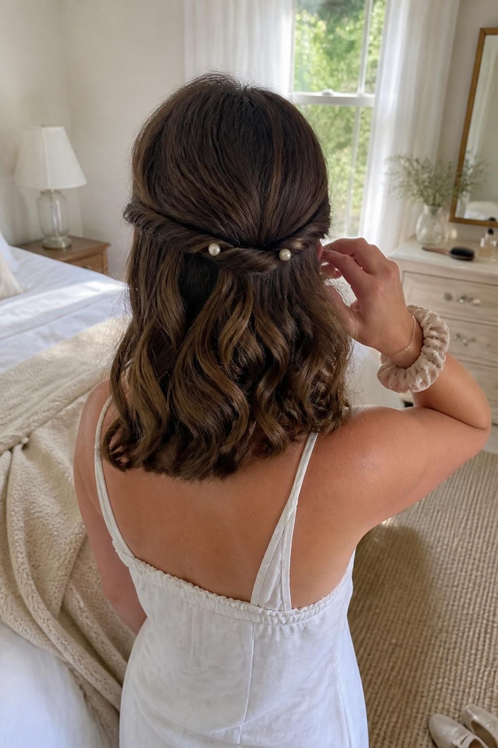 Image prompt: Photo of a woman wearing loose shoulder-length curls with two soft twists joined into a crown at the back and dotted with small pearl pins, back-of-head view to highlight the details, sun-drenched bedroom with a knit cardigan resting on the bed, natural window light, containing a hairbrush on the dresser and a silk scrunchie on her wrist, realistic home styling moment, latest iPhone photo quality.