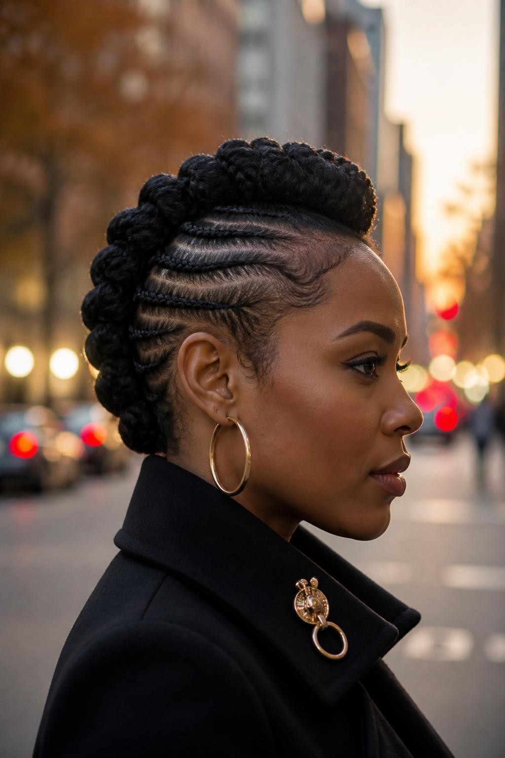 Image prompt: Photo of a Black woman wearing a braided mohawk with smooth side cornrows and thick tucked braid loops running from the forehead to the nape, side profile view, softly blurred city street background with autumn lights, golden hour glow, containing bold hoop earrings and a hair clip attached to her coat collar, realistic candid evening photo, latest iPhone photo quality.