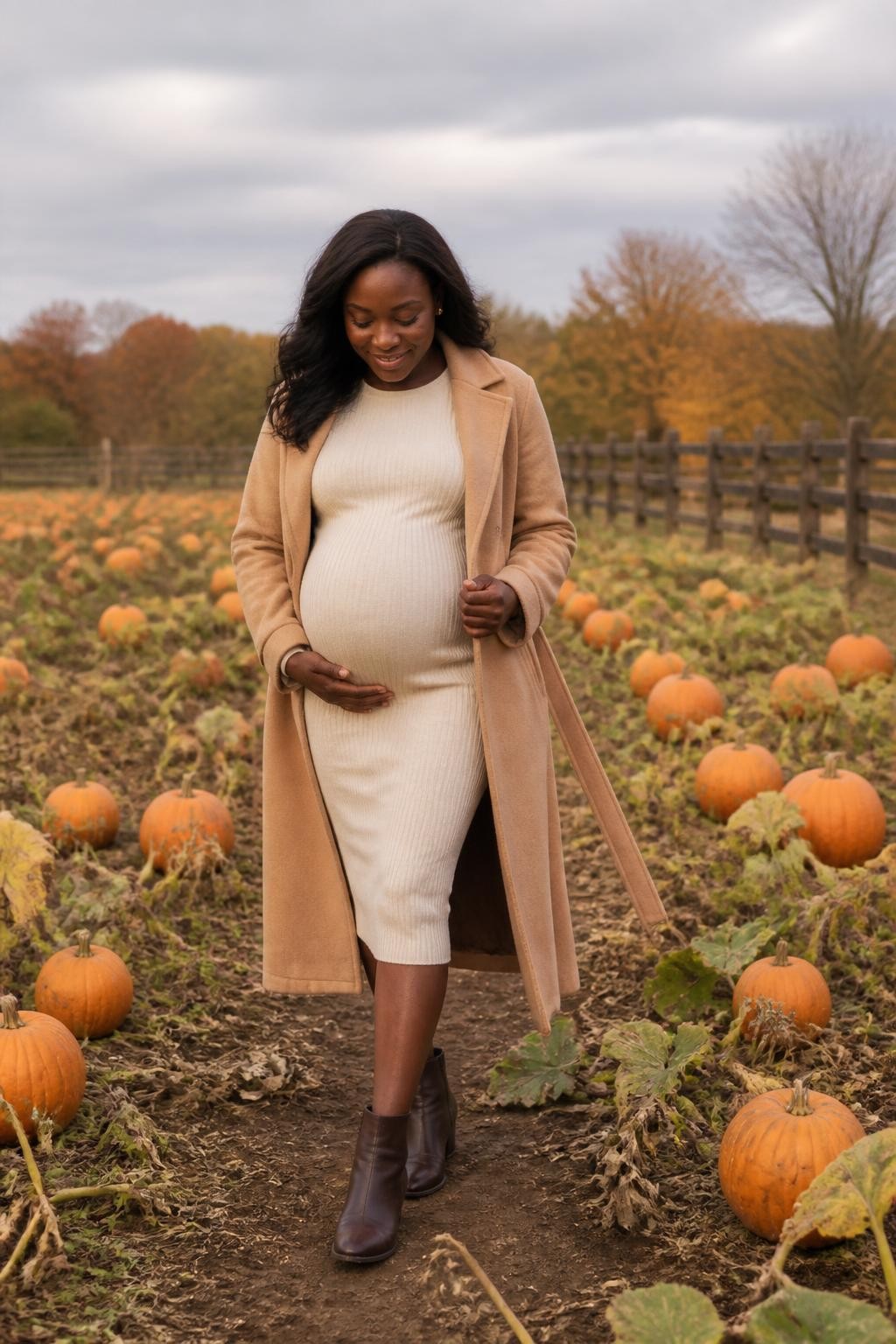 Image Prompt: A stylish pregnant Black woman in her third trimester walking slowly between natural rows of pumpkins at a working farm, one hand resting beneath her belly and the other lightly holding the open edge of a long camel wool coat, wearing a fitted cream ribbed midi dress, dark brown ankle boots, and small gold earrings, her gaze lowered toward the path with a calm natural smile, realistic pumpkins in mixed sizes with vines and slightly muddy ground, wooden farm fencing and muted orange trees in the distance, soft cloudy late-afternoon light, photographed at waist height with a full-frame DSLR and 50mm lens, true-to-life dark skin texture, natural body proportions, visible fabric folds around the bump, gentle background blur, editorial maternity photography, no oversized decorative pumpkin display, no artificial sun flare.
