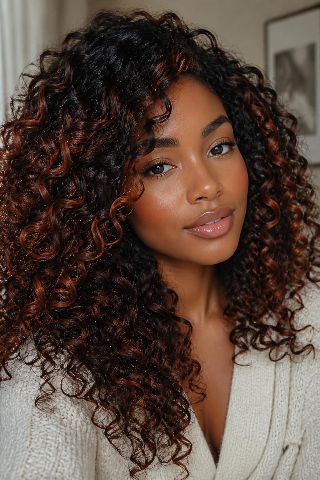 Image Prompt: A beautiful woman with dark curly hair and red copper highlights, rich black-brown base with soft copper-red pieces throughout the curls and around the face, defined curl pattern with shine, warm brown skin, natural glowing makeup, glossy nude lips, cream cardigan, soft indoor background with diffused daylight, realistic beauty editorial portrait, close-up detailed hair texture and highlight contrast, no text, (no watermarks on images)