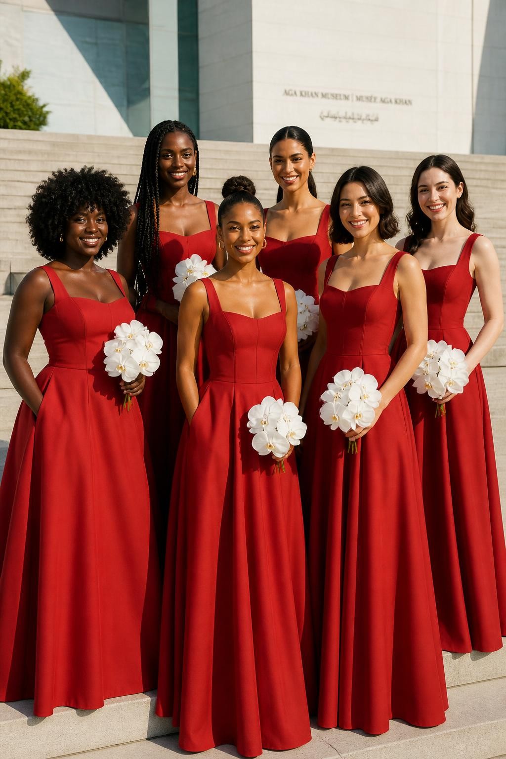 Realistic fashion-forward wedding portrait of six bridesmaids wearing scarlet red matte crepe gowns with softly structured corset bodices, wide square necklines, curved basque waists, and full floor-length skirts with discreet side pockets, women with deep ebony, cool dark brown, cinnamon, golden tan, light olive, and porcelain skin tones, different bust sizes, torso lengths, and body proportions represented naturally, bright joyful faces with individual features, realistic makeup and small flyaway hairs, hairstyles including a voluminous afro, waist-length braids, sculptural bun, sleek ponytail, layered bob, and loose curls, photographed on broad limestone steps outside a modern museum wedding venue, holding compact white orchid bouquets, crisp morning light revealing seams, natural fabric weight, and believable creasing around the waist.