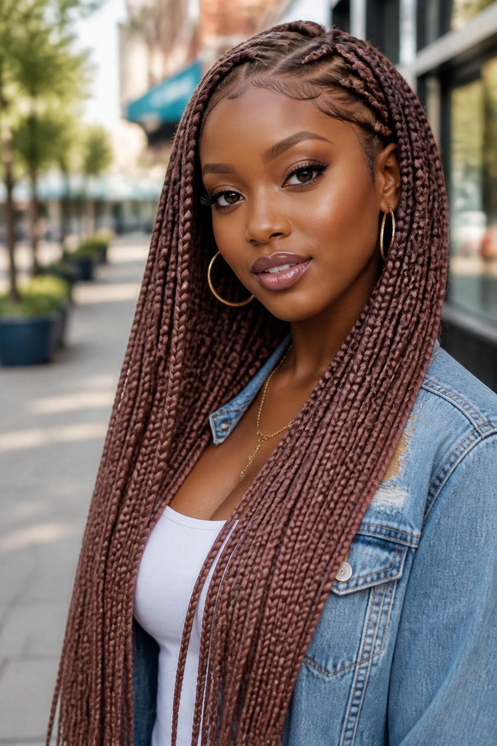 Image Prompt: A fashionable woman wearing long rose brown box braids, waist-length braids in muted rosy brown and soft brunette tones, neat square parts, smooth finished tips, softly styled baby hairs, medium-deep brown skin, glossy lips, gold hoop earrings, denim jacket over a white top, outdoor city background softly blurred, natural daylight, realistic lifestyle beauty portrait, detailed braid texture and rosy brown color, no text, (no watermarks on images)