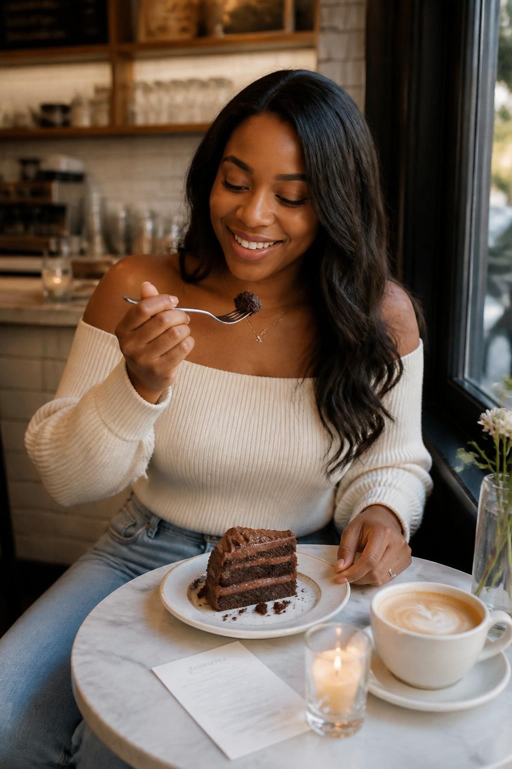 A sweet cafe photo of an adult Black woman with warm brown skin sitting at a small round table, wearing a cream off-shoulder knit top and high-waisted jeans, holding a fork with a bite of chocolate cake halfway to her mouth, smiling down at the dessert, other hand resting beside the plate, coffee cup, tiny candle, and paper receipt on the table, soft window light, marble tabletop, realistic cake crumbs, natural laugh lines, casual dessert date mood, DSLR lifestyle photo, warm and pretty cafe styling.