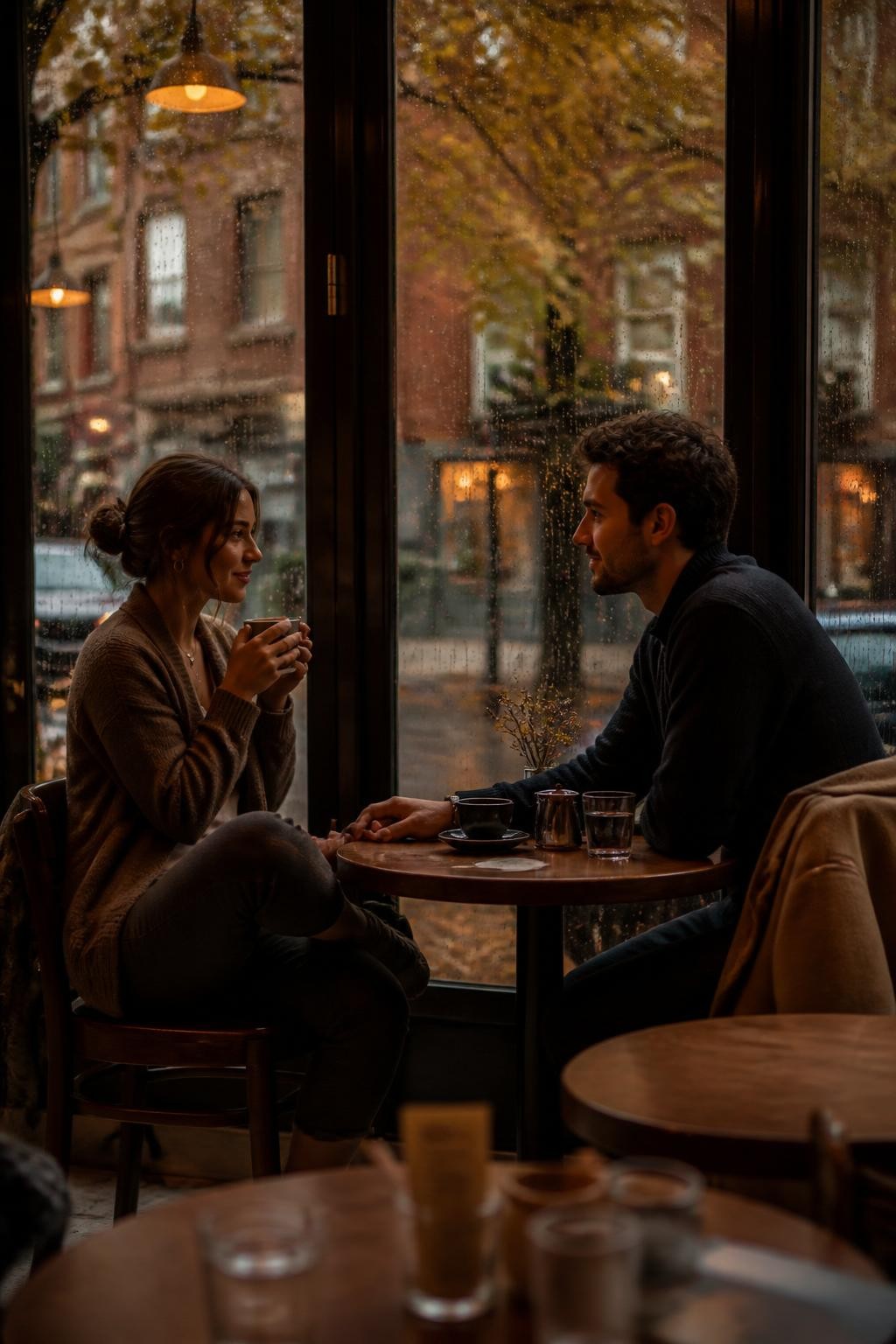Image Prompt: A fashionable couple seated beside a large café window on a rainy fall afternoon, condensation and a few raindrops visible on the glass, the woman sitting sideways in a wooden chair with both hands around a ceramic mug while the man leans slightly toward her across a small round table, their fingers touching near the center, she wears a soft brown cardigan and dark trousers, he wears a charcoal sweater and tan coat draped over his chair, warm pendant lights reflected softly in the window, blurred brick buildings and wet leaves outside, photographed with a DSLR 50mm lens from a nearby table, realistic café clutter, natural low-light grain, warm but true-to-life color, no empty staged background.
