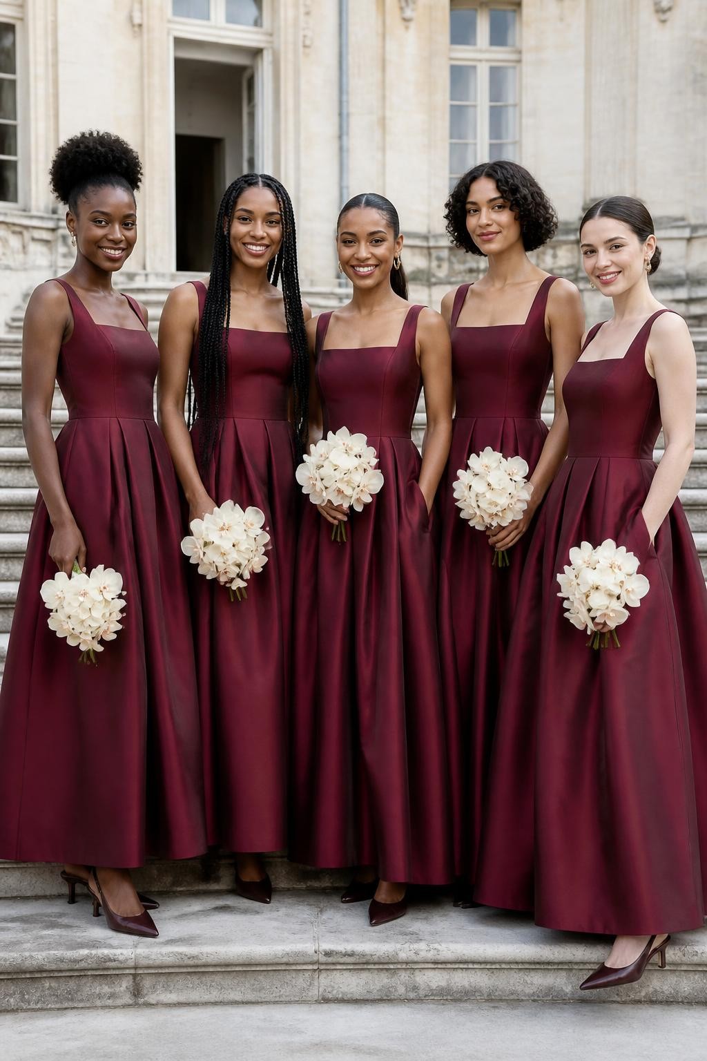 Realistic fashion-forward wedding portrait of five bridesmaids wearing matte maroon silk-faille gowns with softly corseted bodices, wide square necklines, curved basque waists, and full ankle-length ballerina skirts with hidden side pockets, women with very deep brown, cool dark brown, cinnamon, golden tan, and pale neutral skin tones, different torso lengths, bust sizes, and body proportions represented naturally, bright joyful faces with individual features, realistic pores and small flyaway hairs, hairstyles including a sculpted natural updo, waist-length braids, glossy ponytail, short curly bob, and smooth chignon, photographed on broad pale-stone steps outside a historic manor, holding compact ivory orchid bouquets, clear morning light revealing precise seams, realistic fabric stiffness, deep natural skirt folds, and elegant slingback shoes visible beneath the hems.