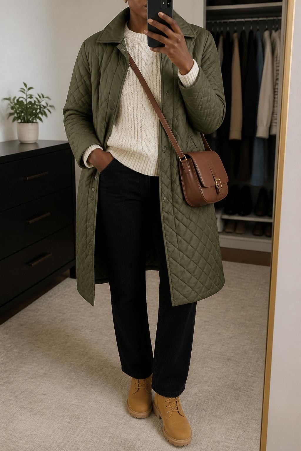 Mirror selfie of a Black woman wearing an olive green quilted coat, cream cable-knit sweater, black straight-leg jeans, tan lace-up boots, gold stud earrings, and a brown leather crossbody bag, holding a phone in front of a mirror, cropped at NECK so the face does not show, relaxed casual selfie pose, in a minimal dressing room, soft indoor lighting, with a small plant on a dresser and an open closet with clothes visible, latest iPhone photo quality.