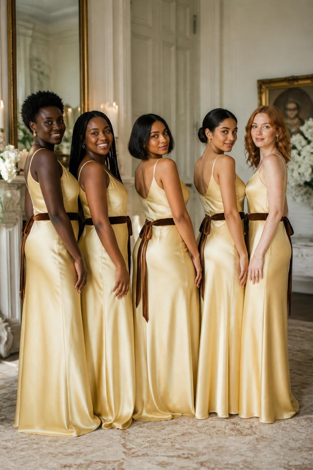 Realistic editorial wedding photograph of five bridesmaids wearing butter yellow satin slip gowns with softly shaped cowl and scoop necklines, fluid ankle-length and floor-length skirts, and narrow chocolate-brown velvet ribbons tied around the waist or into small trailing bows at the back, women with deep ebony, dark warm brown, caramel, South Asian olive, and fair freckled skin tones, naturally varied body shapes and heights, bright confident faces with realistic skin texture and individually suited makeup, hairstyles including natural curls, long braids, short bob, polished bun, and soft waves, standing in a romantic estate salon with cream walls, antique mirrors, ivory flowers, and soft window light, realistic contrast between matte velvet and glossy satin, natural dress folds, precise but believable ribbon ties and relaxed poses.