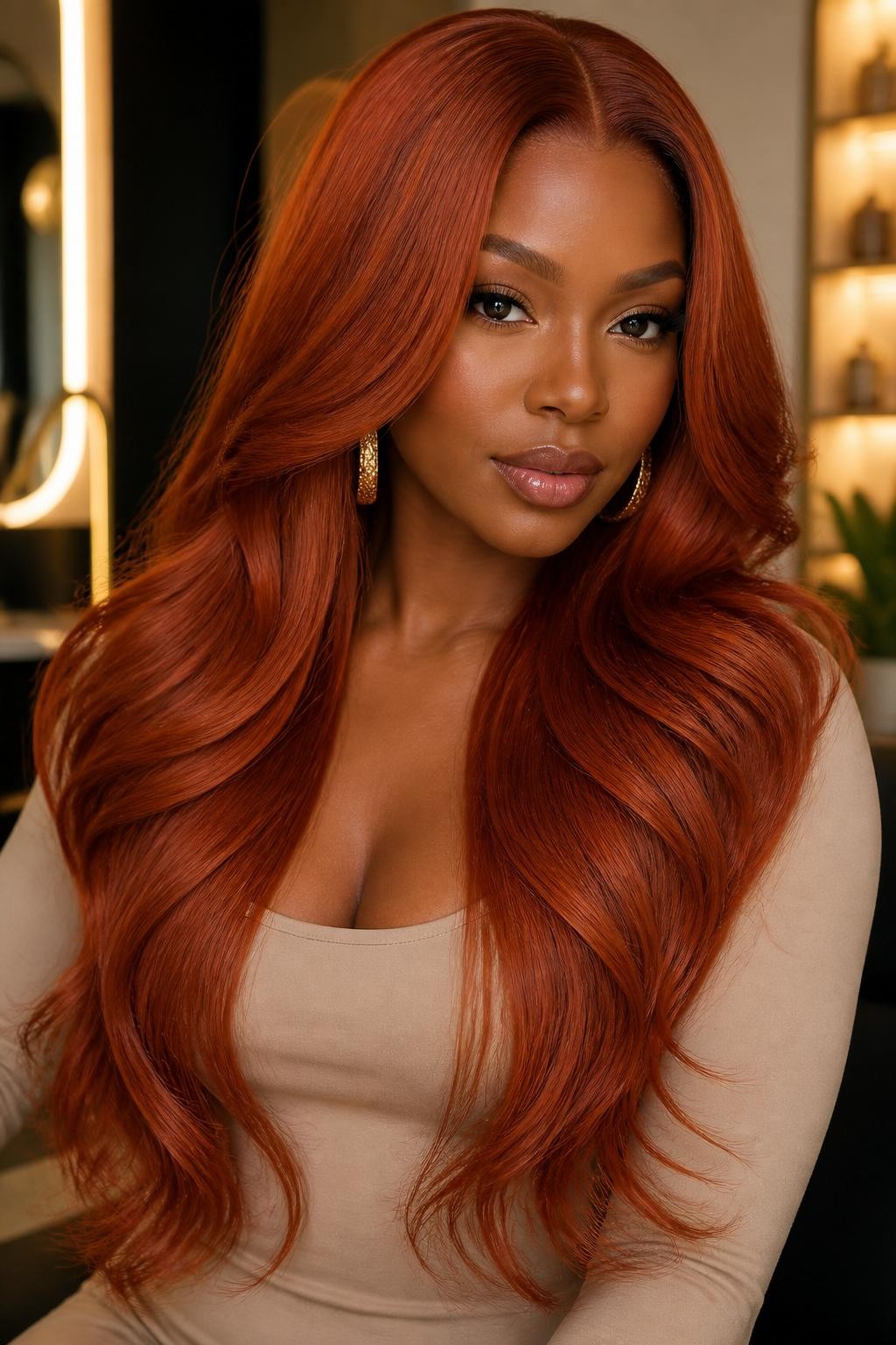 Image Prompt: A beautiful woman wearing a long red copper wig, layered loose waves, warm copper-red hair color with glossy shine, natural-looking hairline, deep brown skin, smooth soft glam makeup, gold earrings, fitted beige top, luxury beauty studio setting, soft warm lighting, realistic editorial portrait, detailed wave texture and red copper tone, no text, (no watermarks on images)